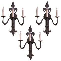 Early 20th Century French Gothic Revival Wrought Iron Wall Sconces, Set of 3