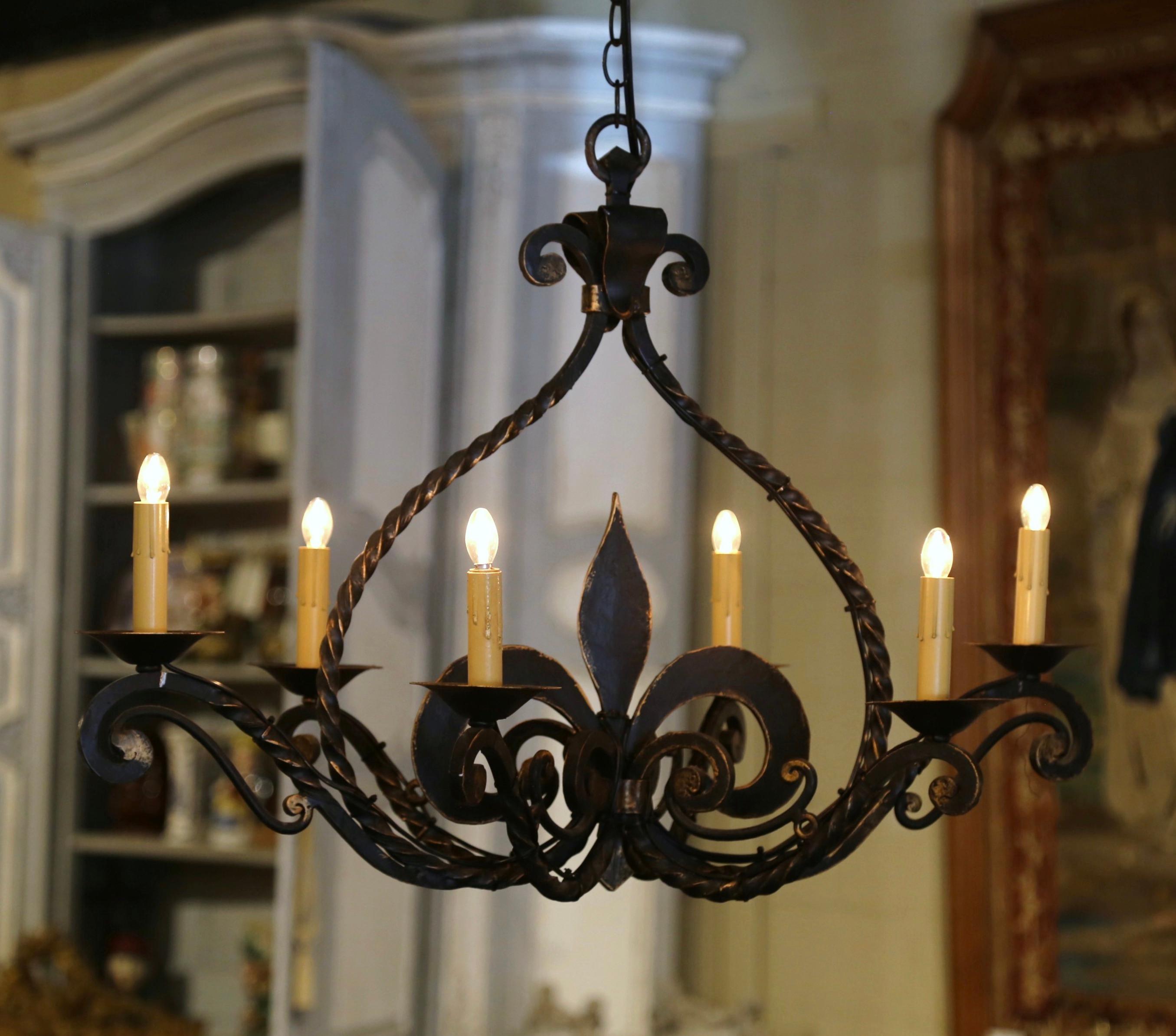  Early 20th Century French Gothic Wrought Iron Six-Light Fleur-de-Lys Chandelier For Sale 6