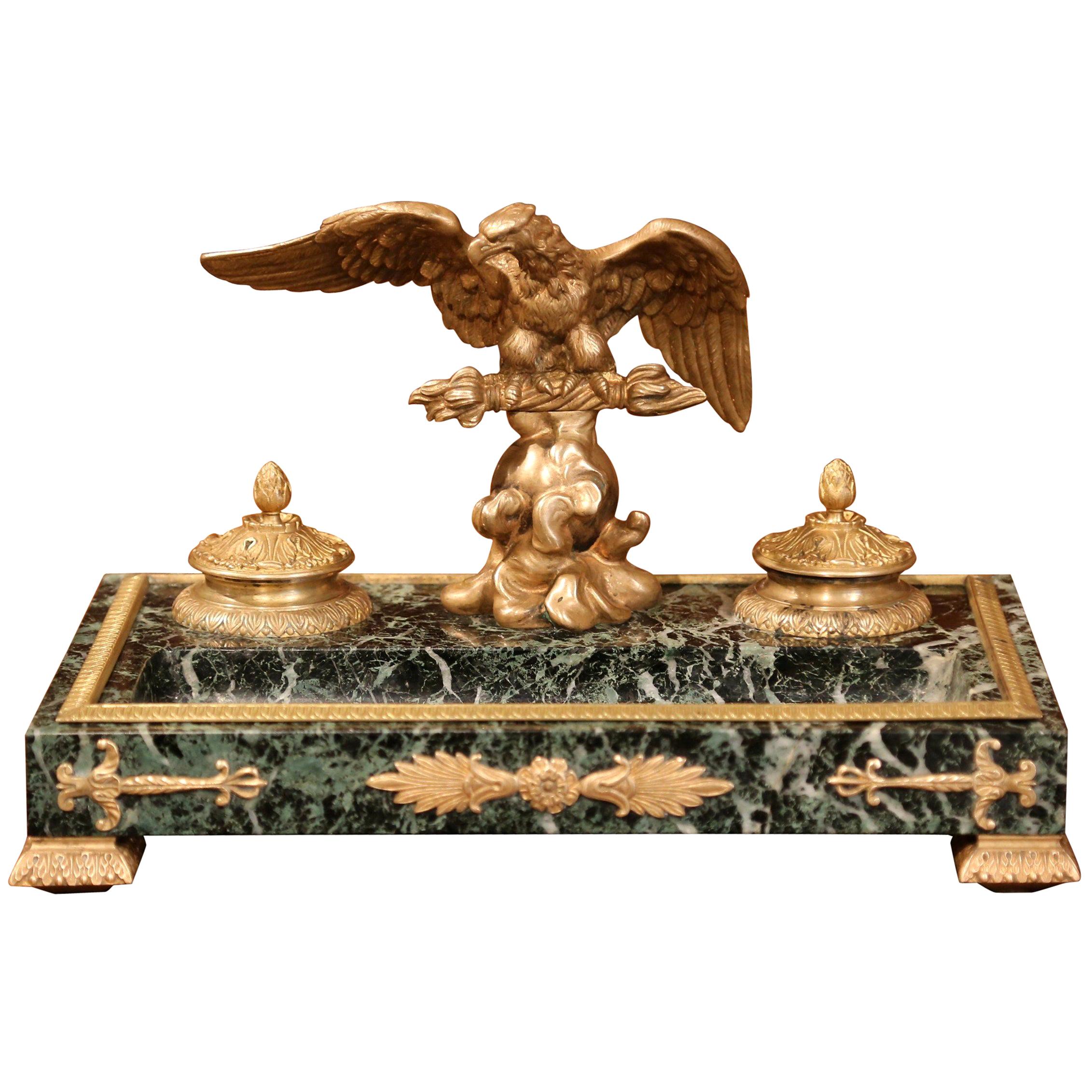 Early 20th Century French Green Marble and Bronze Inkwell with Eagle and Mounts