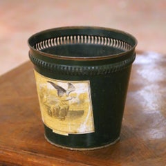 Early 20th Century French Green Tole Waste Basket with Bird Decoration