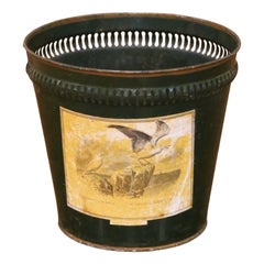 Early 20th Century French Green Tole Waste Basket with Bird Decoration