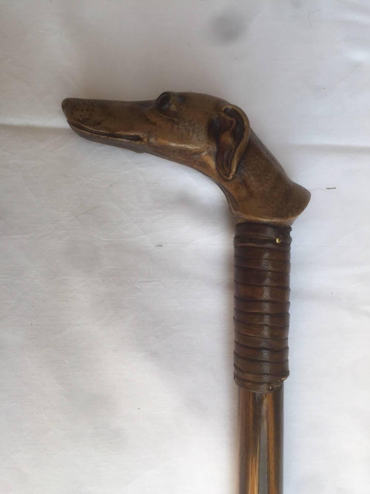 Very nice French Greyhound walking cane.
The top of the cane is a shape of a Head's Greyhound, his eyes are made with glass and the extremity is gilded brass.