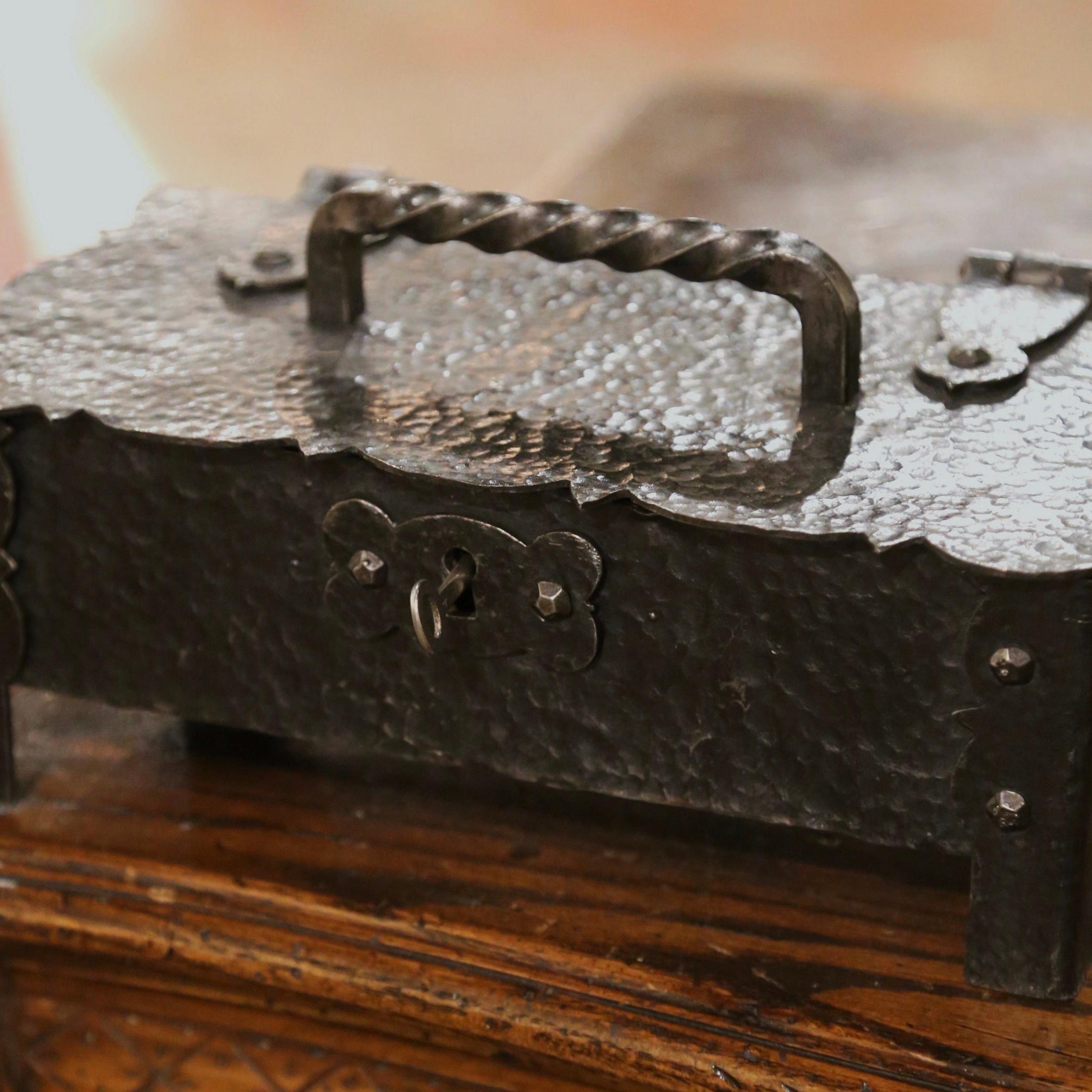 Forged Early 20th Century French Hammered Iron Strong Box with Key