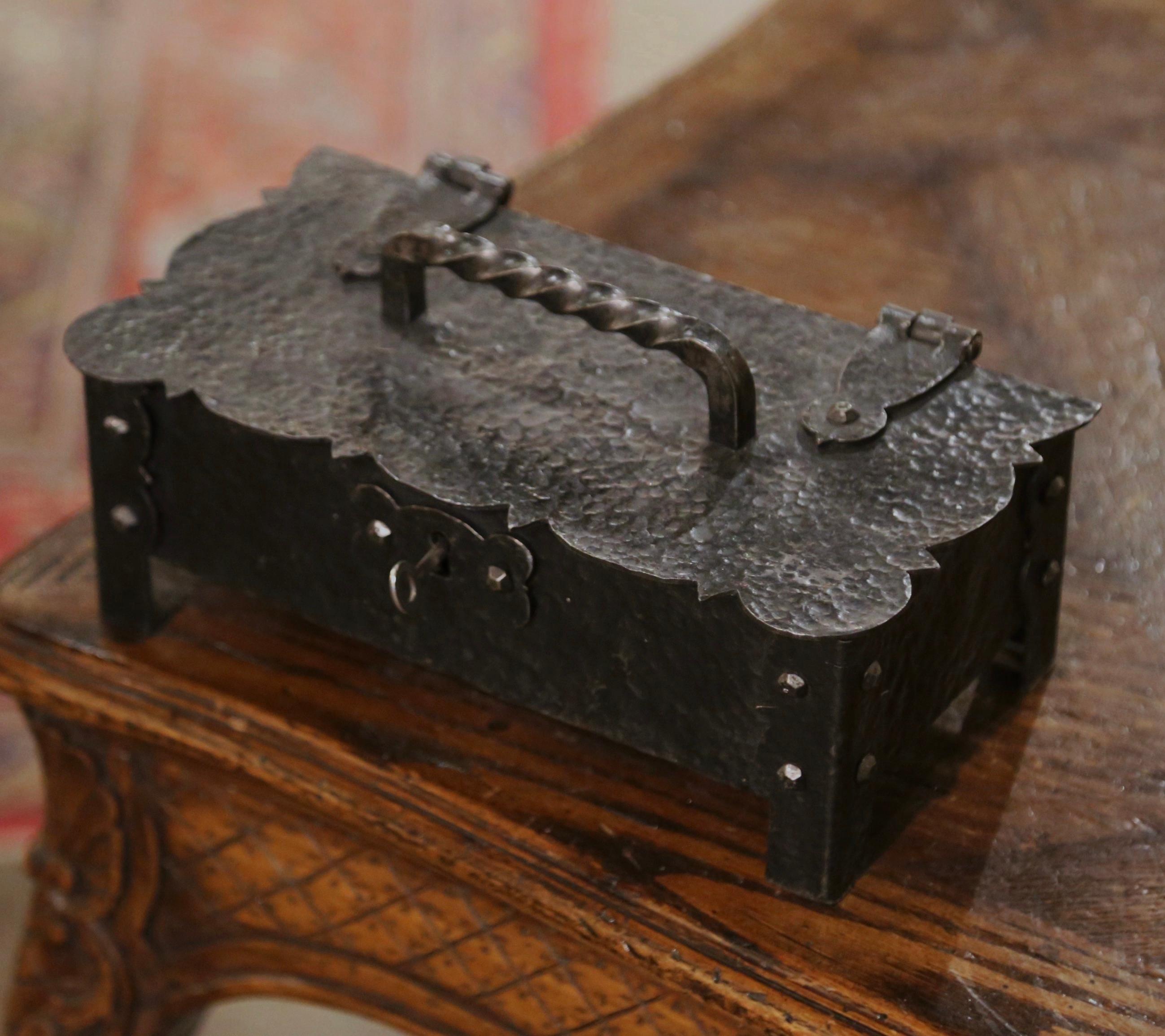 Early 20th Century French Hammered Iron Strong Box with Key In Excellent Condition In Dallas, TX