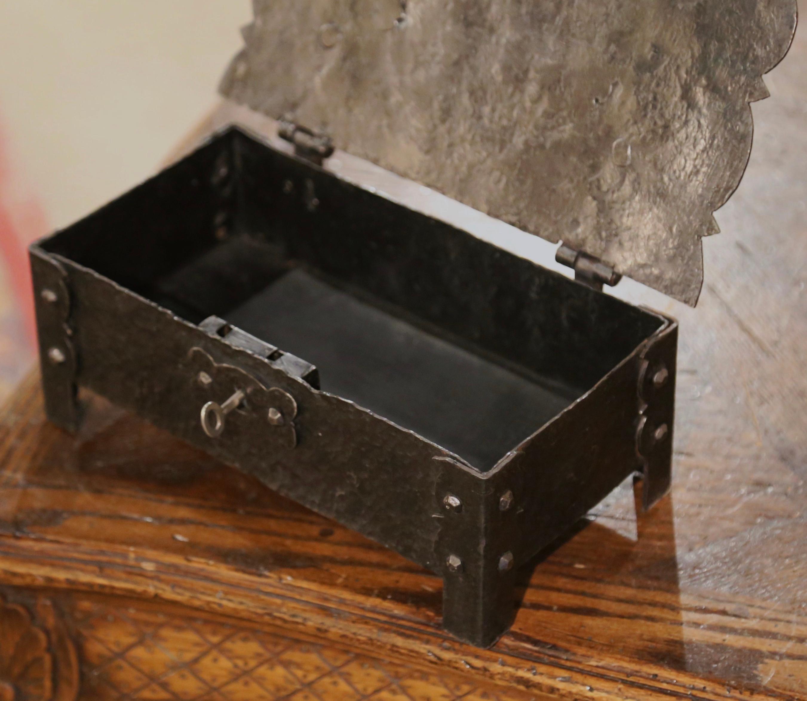 Early 20th Century French Hammered Iron Strong Box with Key 1