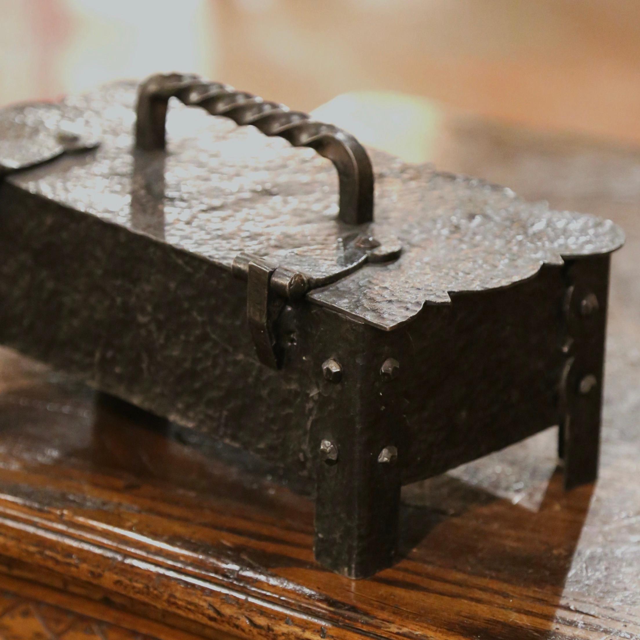 Early 20th Century French Hammered Iron Strong Box with Key 3