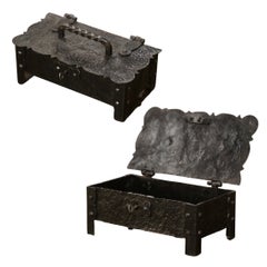 Early 20th Century French Hammered Iron Strong Box with Key