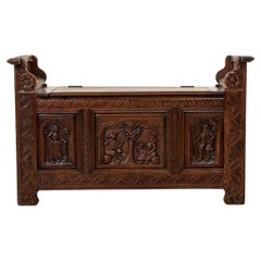 Antique Early 20th Century French Hand Carved Oak Coffer Bench from Brittany 