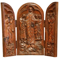 Antique Early 20th Century French Hand Carved Oak Free Standing Triptych