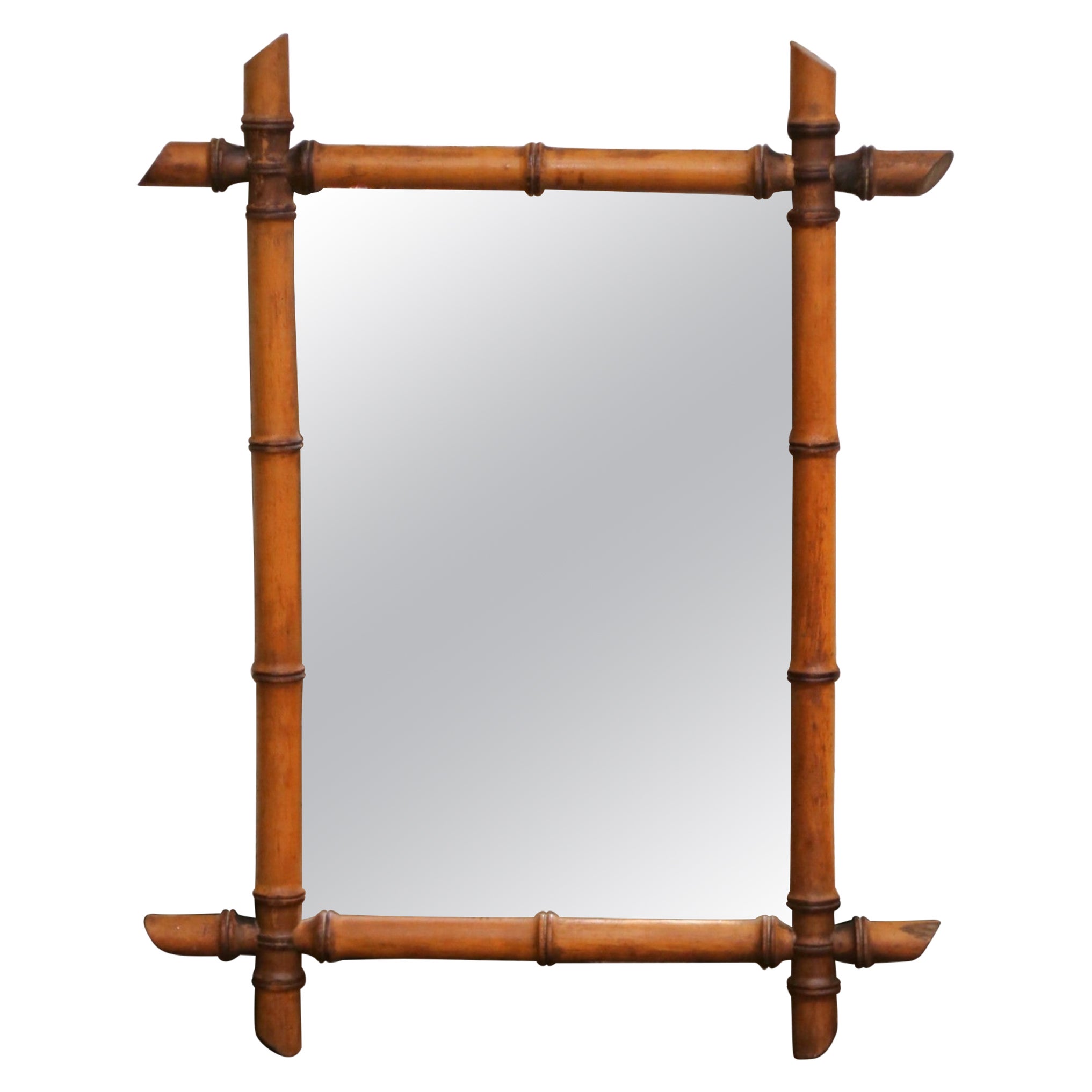 Early 20th Century French Hand Carved Walnut Faux Bamboo Wall Mirror
