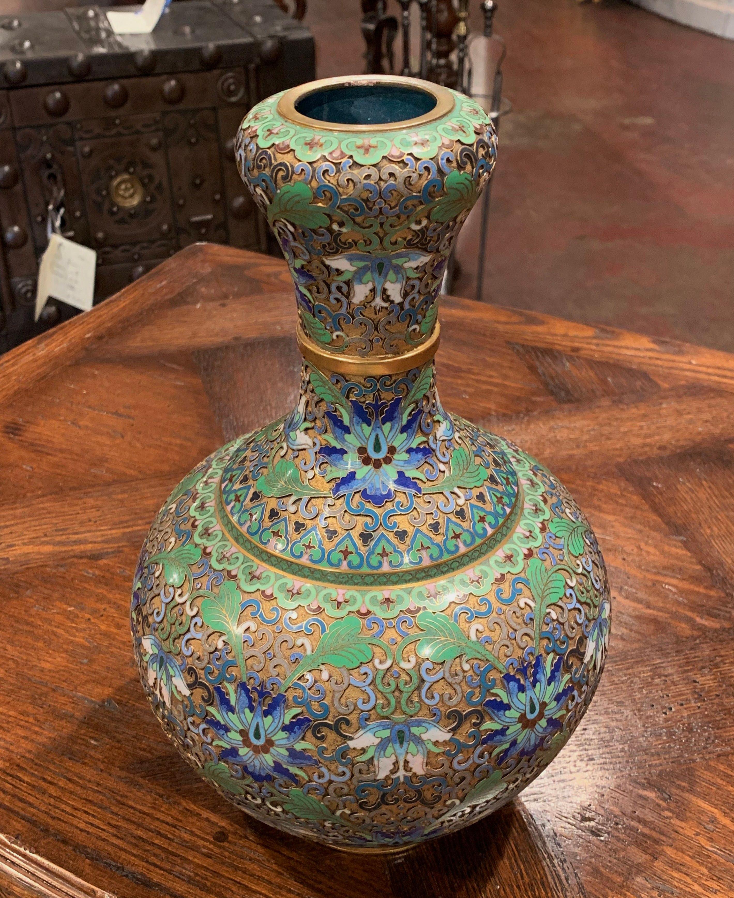 Early 20th Century French Handcrafted Cloisonne Copper Vase with Brass Ring 1
