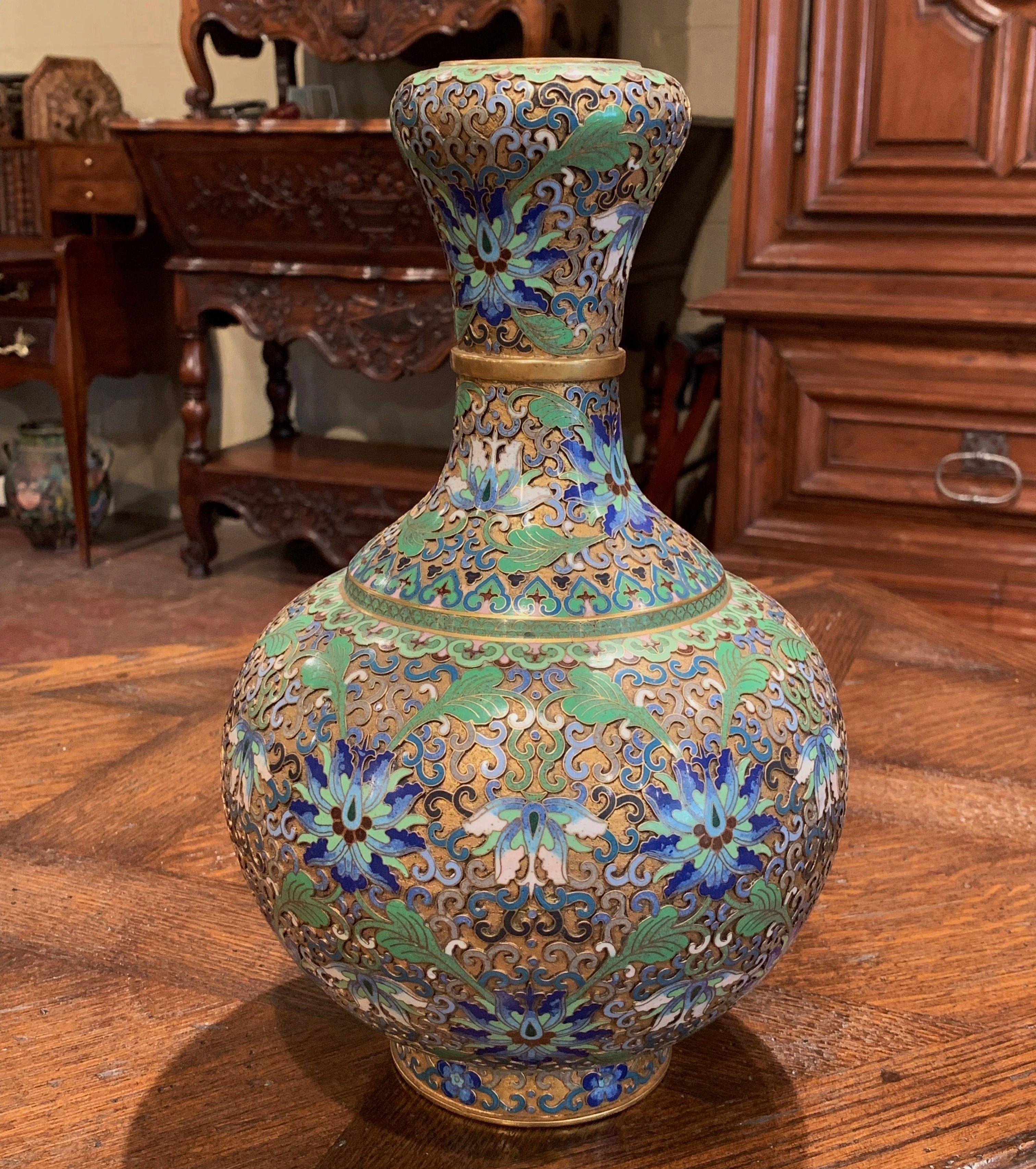 Early 20th Century French Handcrafted Cloisonne Copper Vase with Brass Ring 2