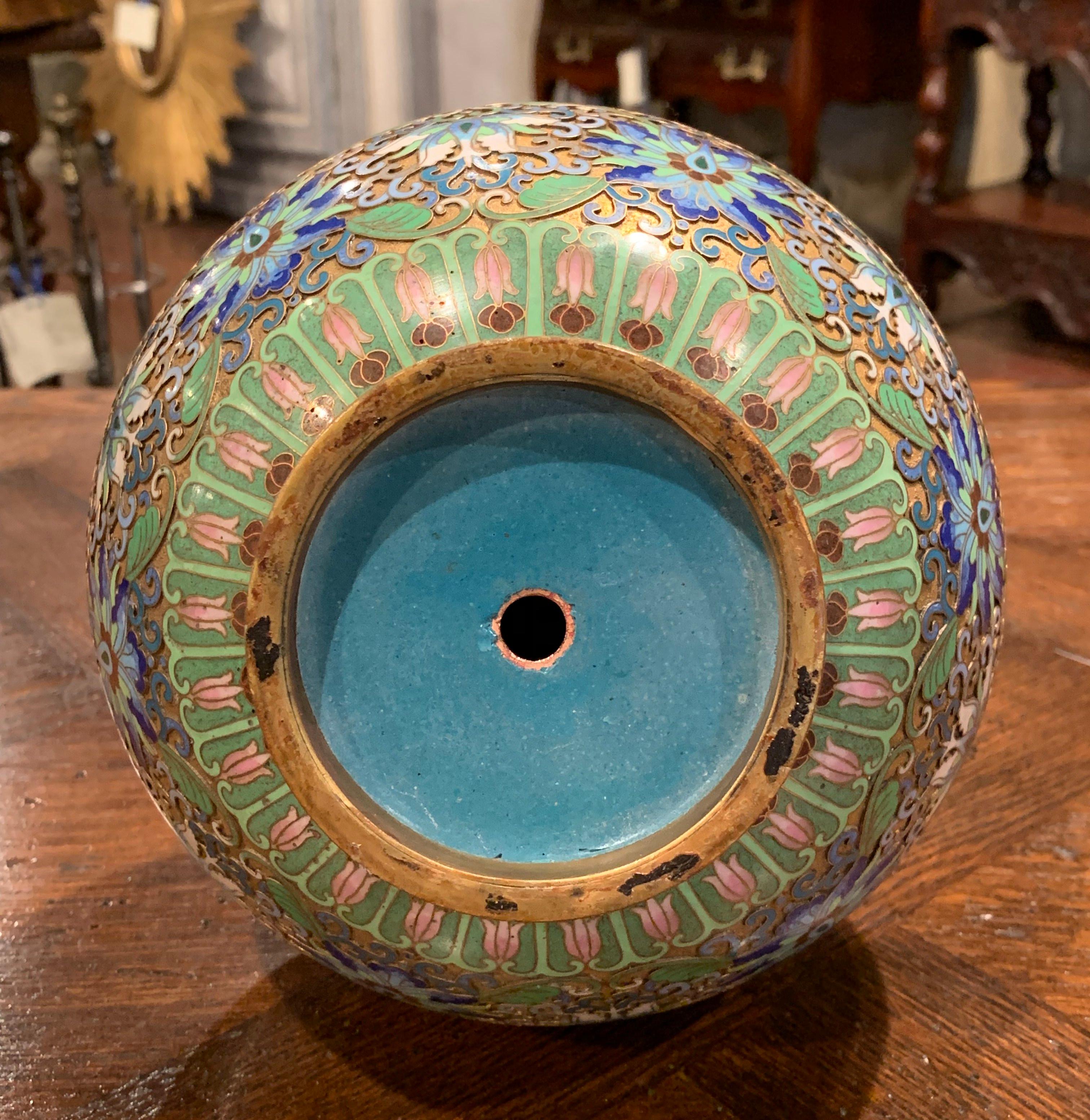 Early 20th Century French Handcrafted Cloisonne Copper Vase with Brass Ring 3