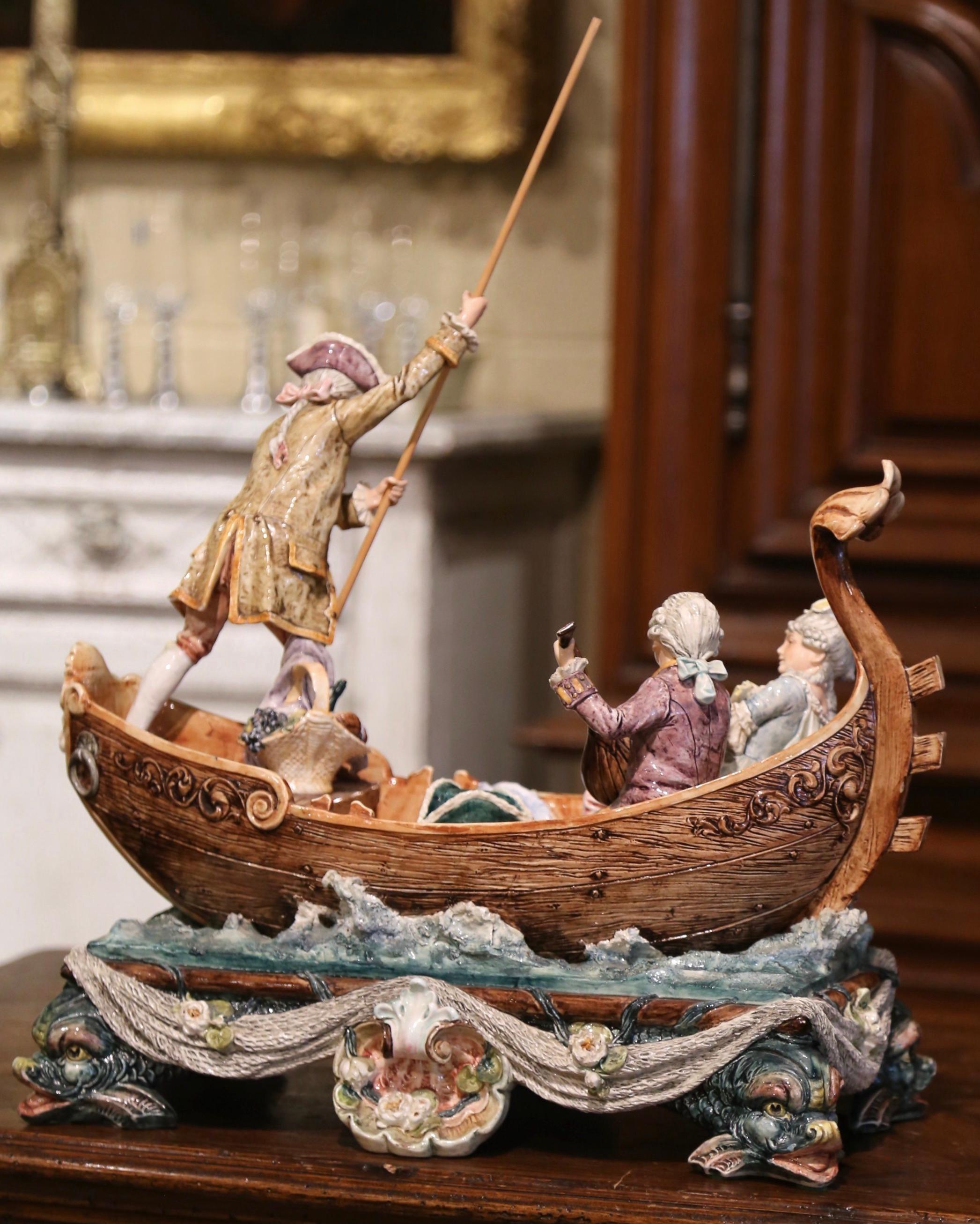 Early 20th Century French Hand-Painted Barbotine Boat and People Composition For Sale 5