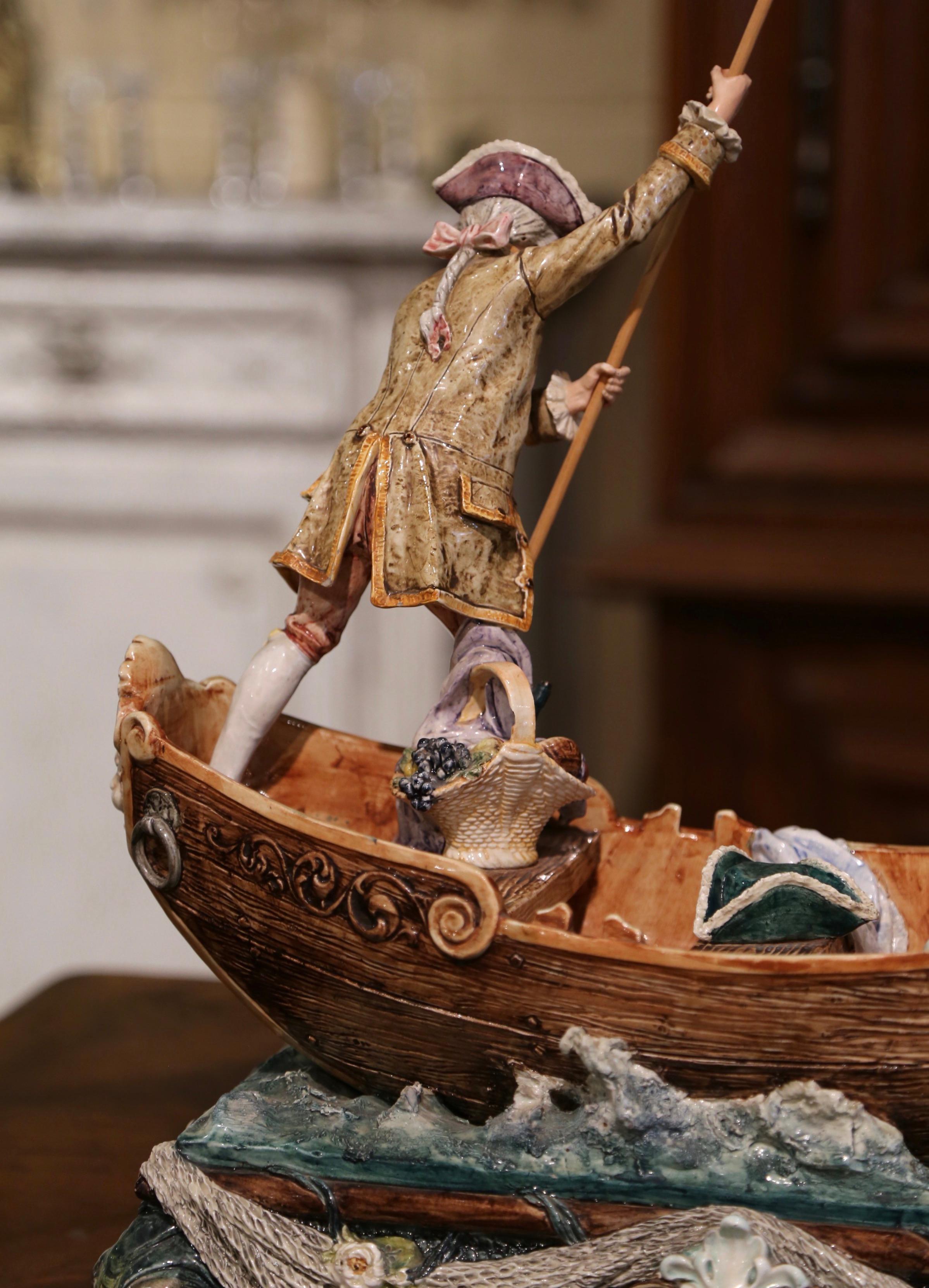 Early 20th Century French Hand-Painted Barbotine Boat and People Composition For Sale 6