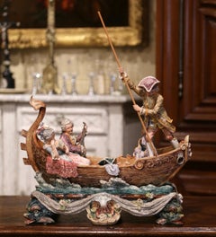 Early 20th Century French Hand-Painted Barbotine Boat and People Composition