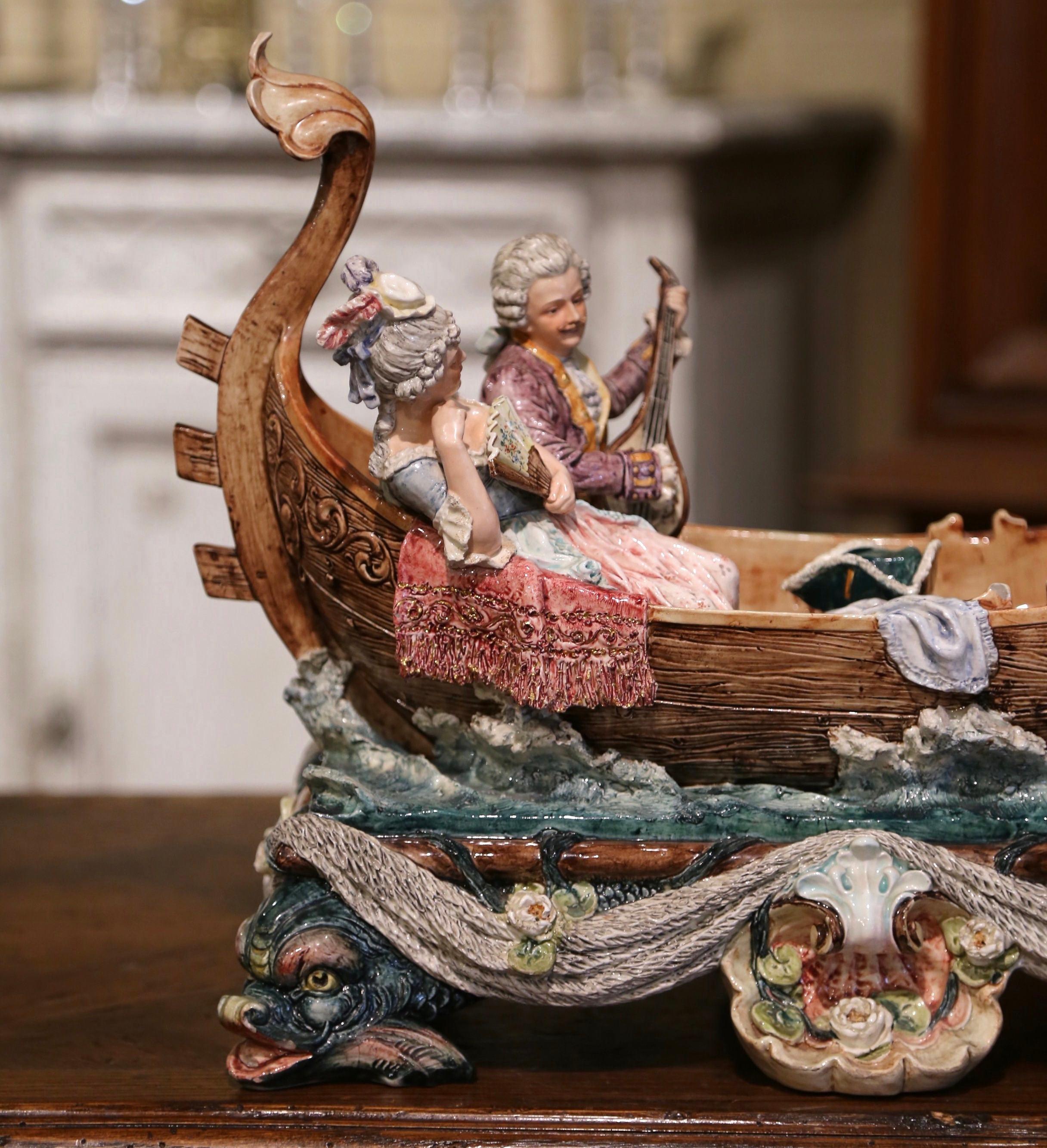 Rococo Early 20th Century French Hand-Painted Barbotine Boat and People Composition For Sale