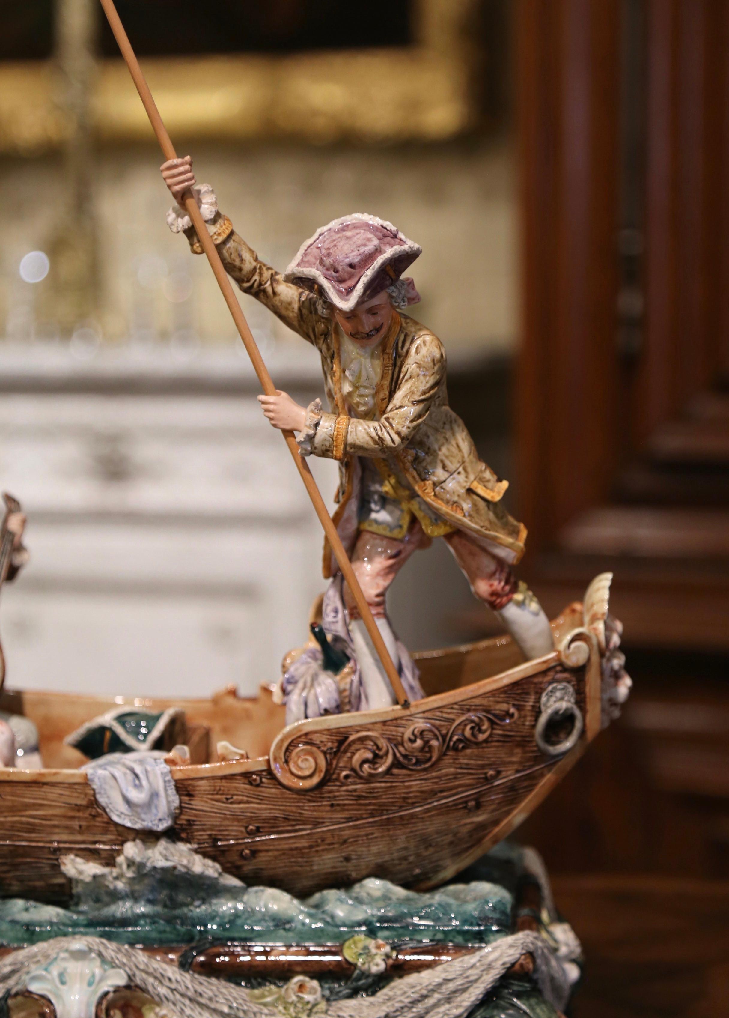 Early 20th Century French Hand-Painted Barbotine Boat and People Composition In Excellent Condition For Sale In Dallas, TX