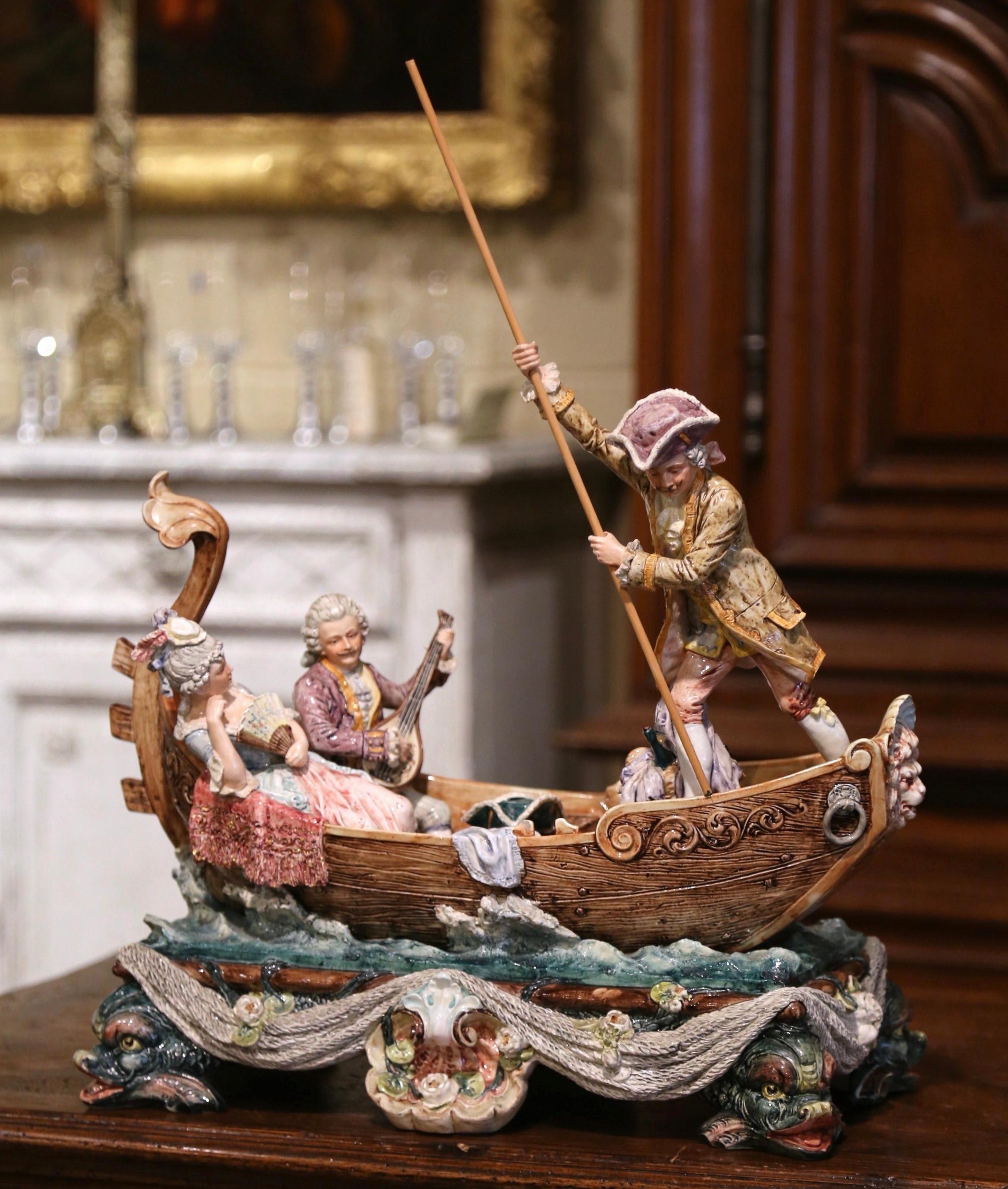 Majolica Early 20th Century French Hand-Painted Barbotine Boat and People Composition For Sale