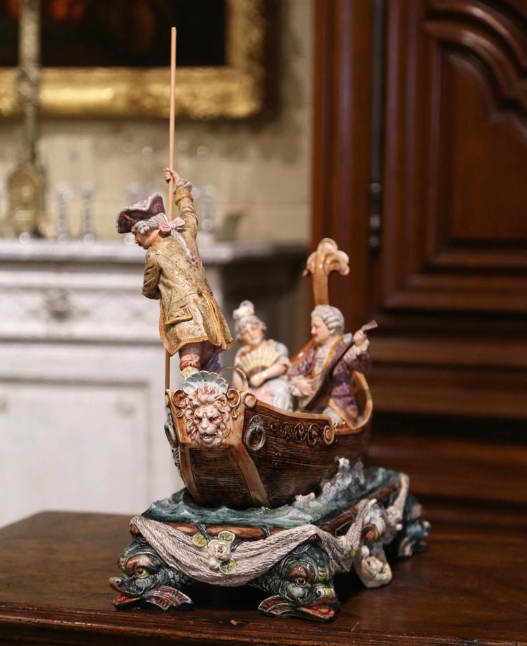 Early 20th Century French Hand-Painted Barbotine Boat and People ...