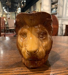 Early 20th Century French Hand Painted Barbotine Ceramic Lion Head Pitcher