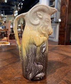 Early 20th Century French Hand Painted Barbotine Ceramic Ram Pitcher