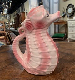 Early 20th Century French Hand Painted Barbotine Ceramic Seahorse Pitcher