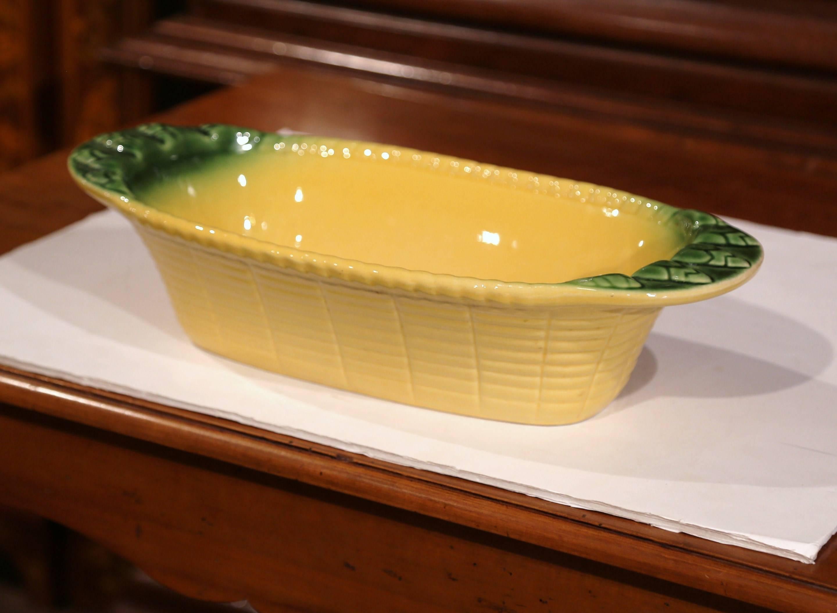 Early 20th Century French Hand Painted Barbotine Decorative Dish with Handles In Excellent Condition For Sale In Dallas, TX