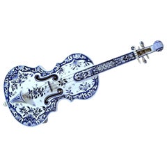 Early 20th Century, French Hand Painted Blue and White Faience Miniature Violin