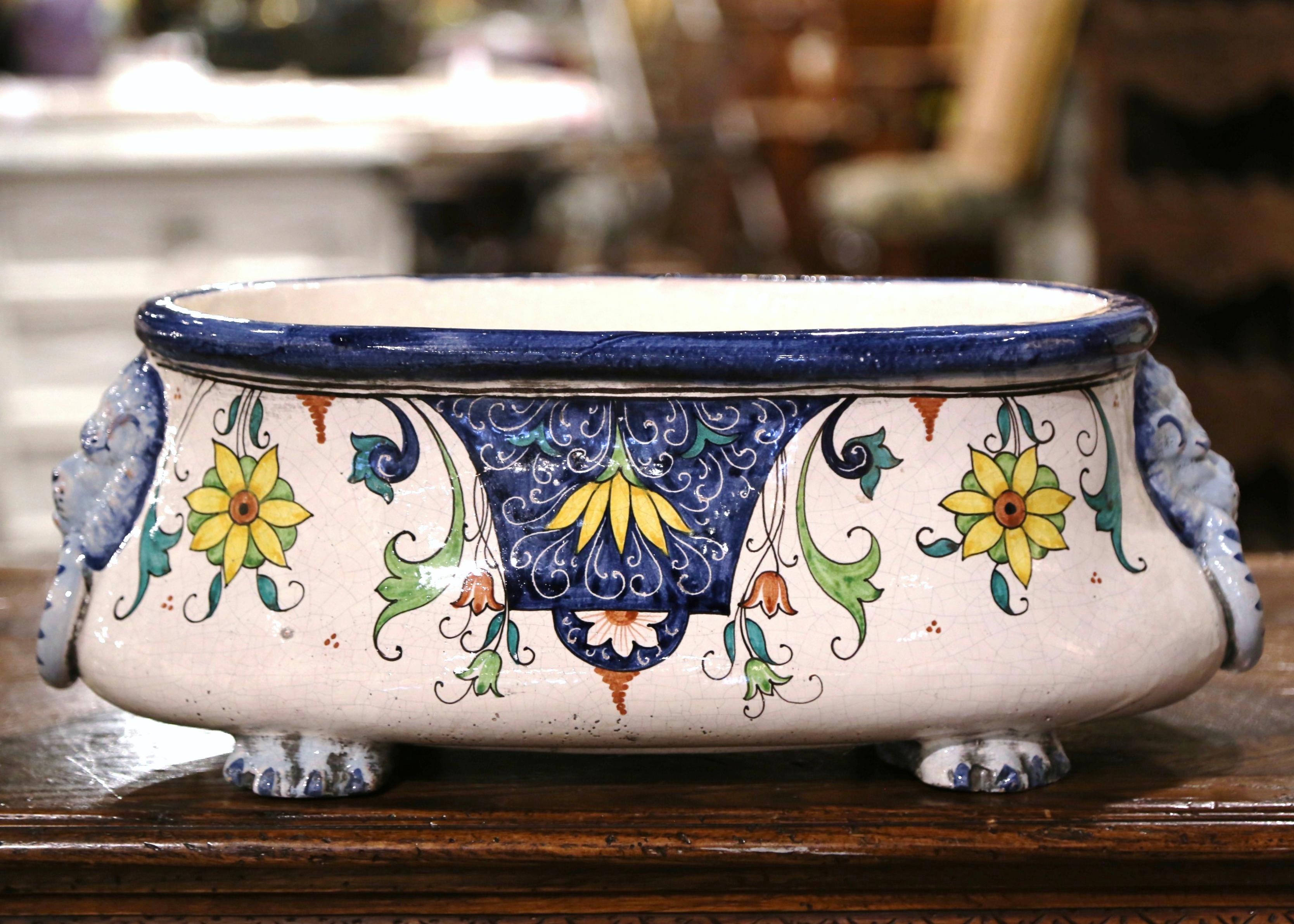 Early 20th Century French Hand Painted Bombe Faience Jardinière For Sale 1