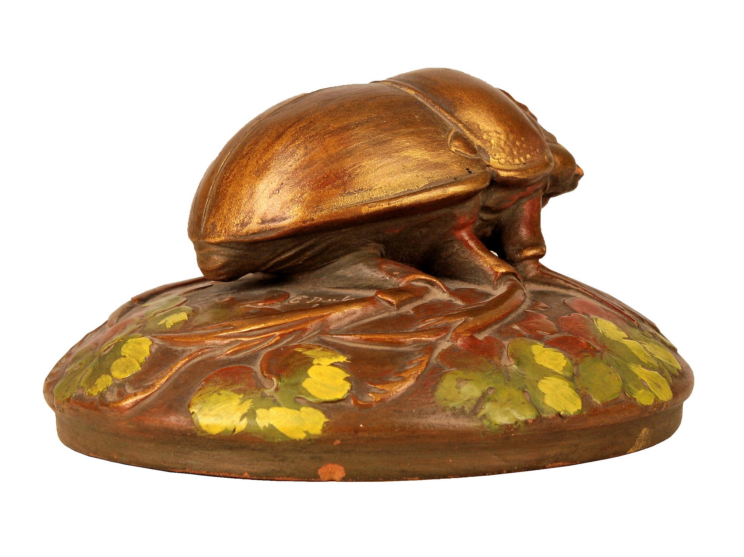 Belle Époque Early 20th Century French Cold-Painted Ceramic Beetle Sculpture by Ernest Dubois For Sale
