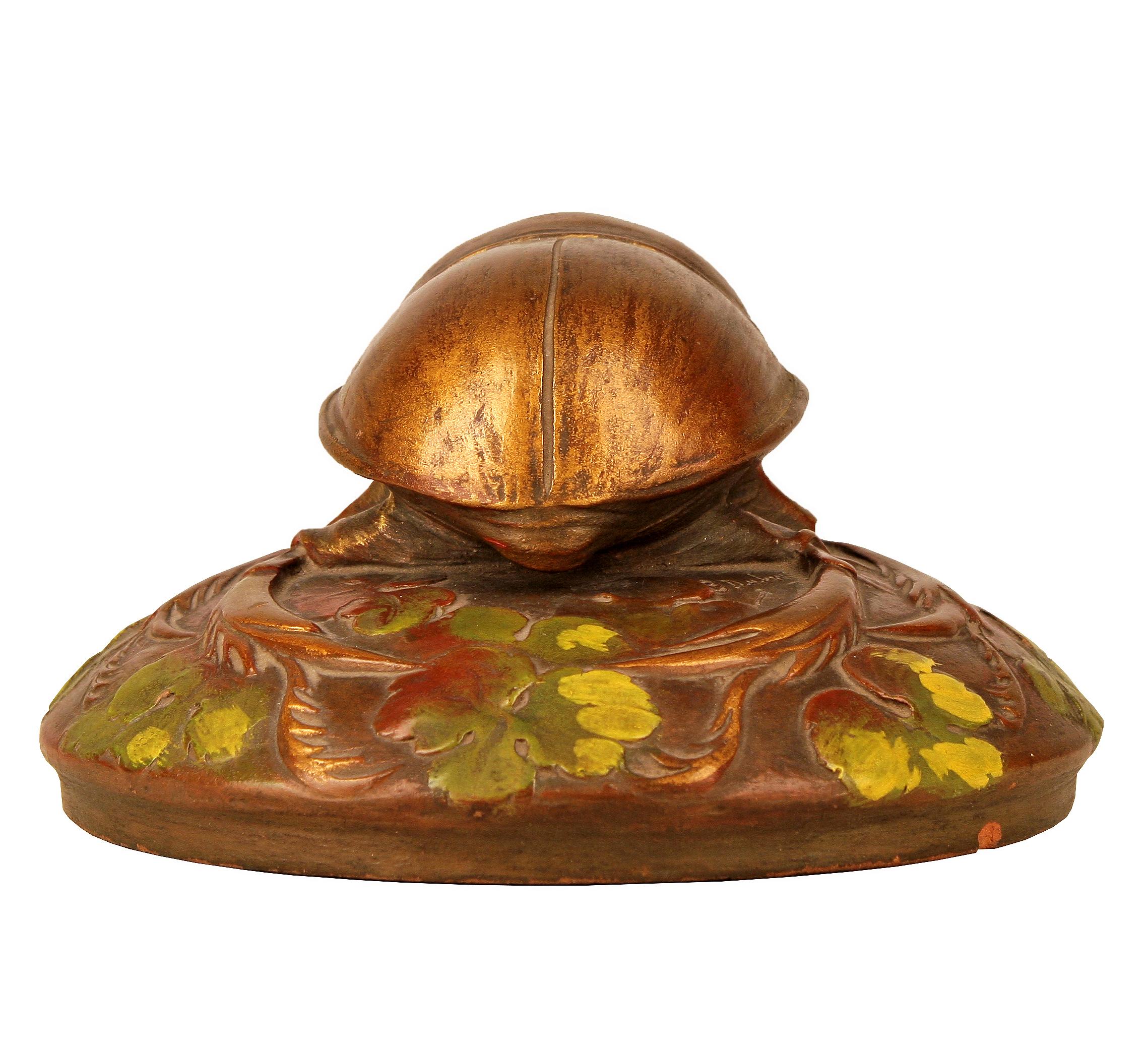 Belle Époque Early 20th Century French Cold-Painted Ceramic Beetle Sculpture by Ernest Dubois For Sale