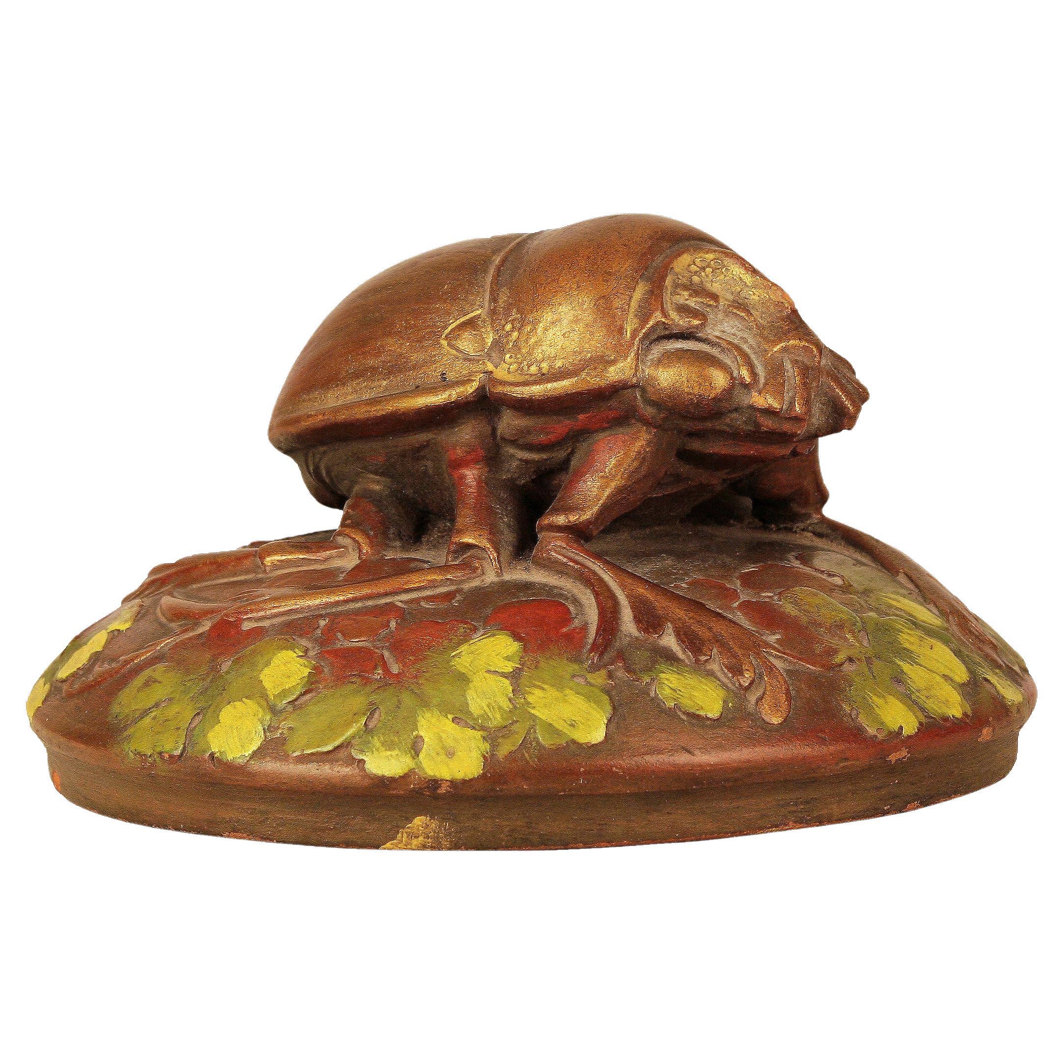 Early 20th Century French Cold-Painted Ceramic Beetle Sculpture by Ernest Dubois For Sale