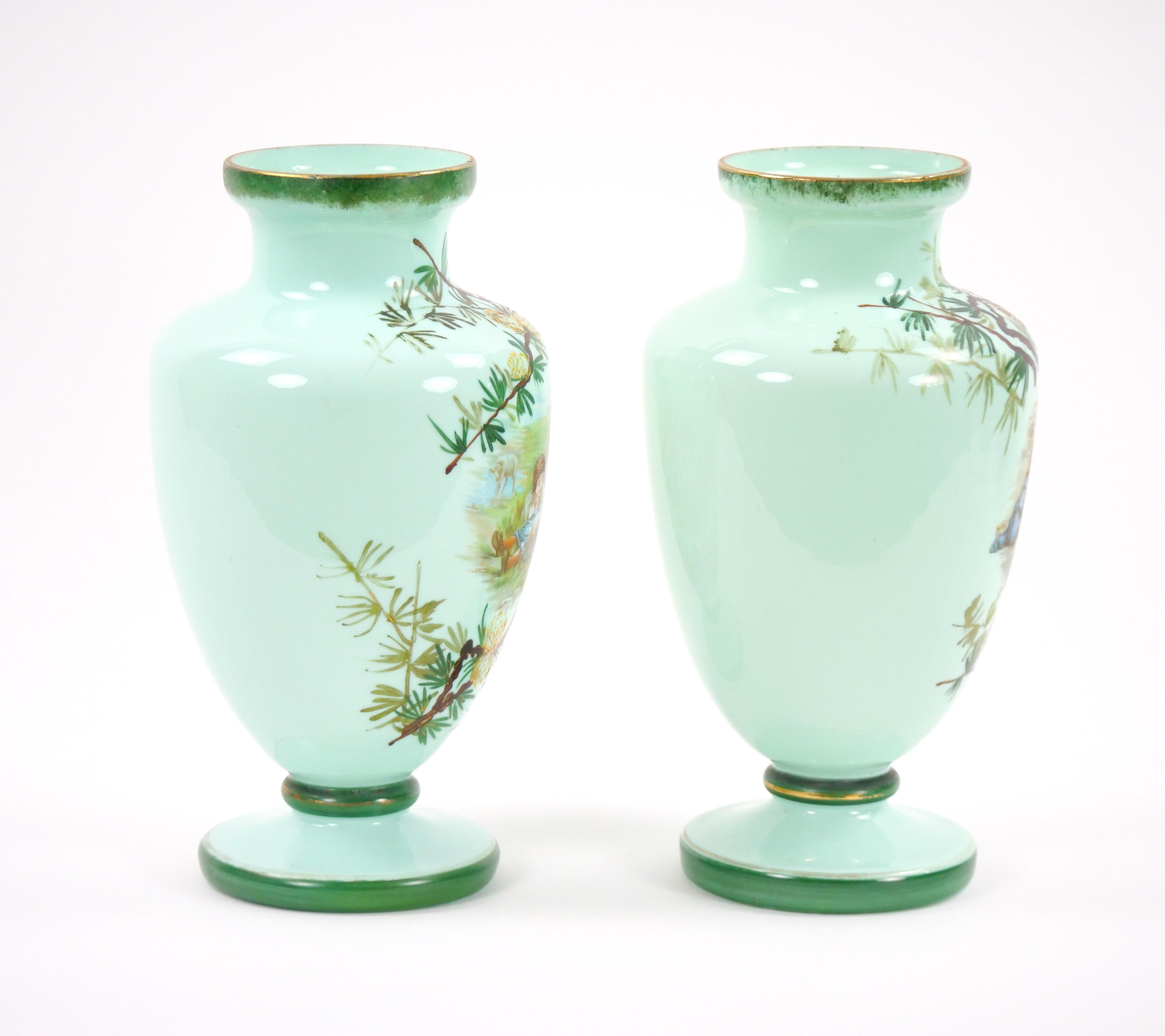 Enameled Early 20th Century French Hand Painted / Decorated Art Glass Pair Vase For Sale