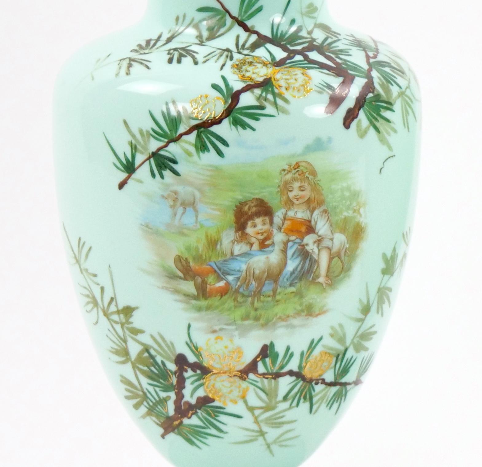 Early 20th Century French Hand Painted / Decorated Art Glass Pair Vase For Sale 1