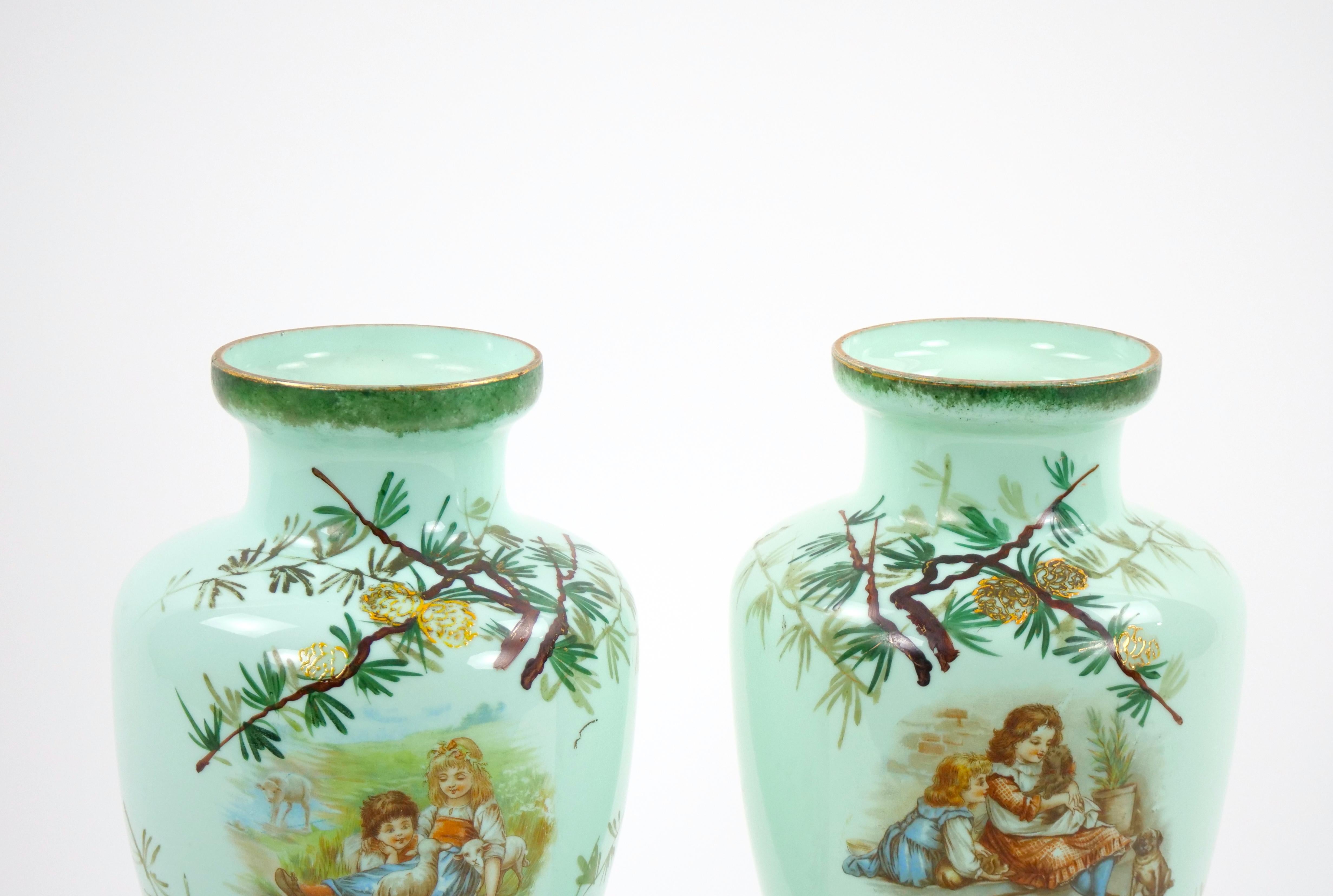 Early 20th Century French Hand Painted / Decorated Art Glass Pair Vase For Sale 2