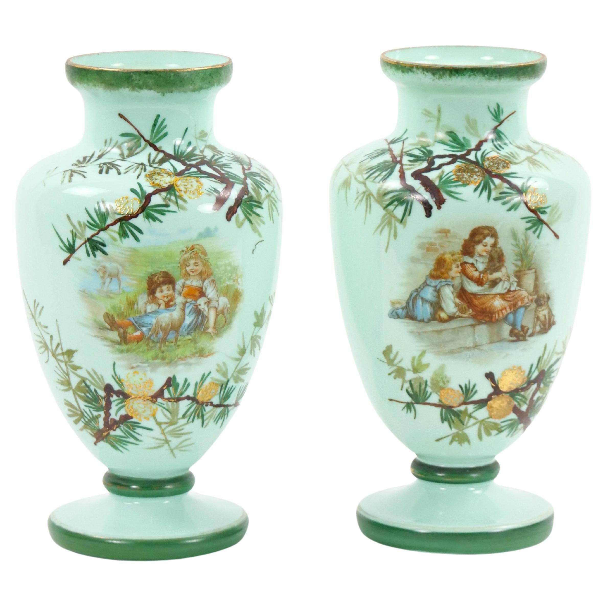 Early 20th Century French Hand Painted / Decorated Art Glass Pair Vase For Sale
