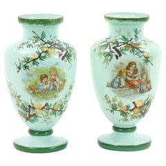 Early 20th Century French Hand Painted / Decorated Art Glass Pair Vase