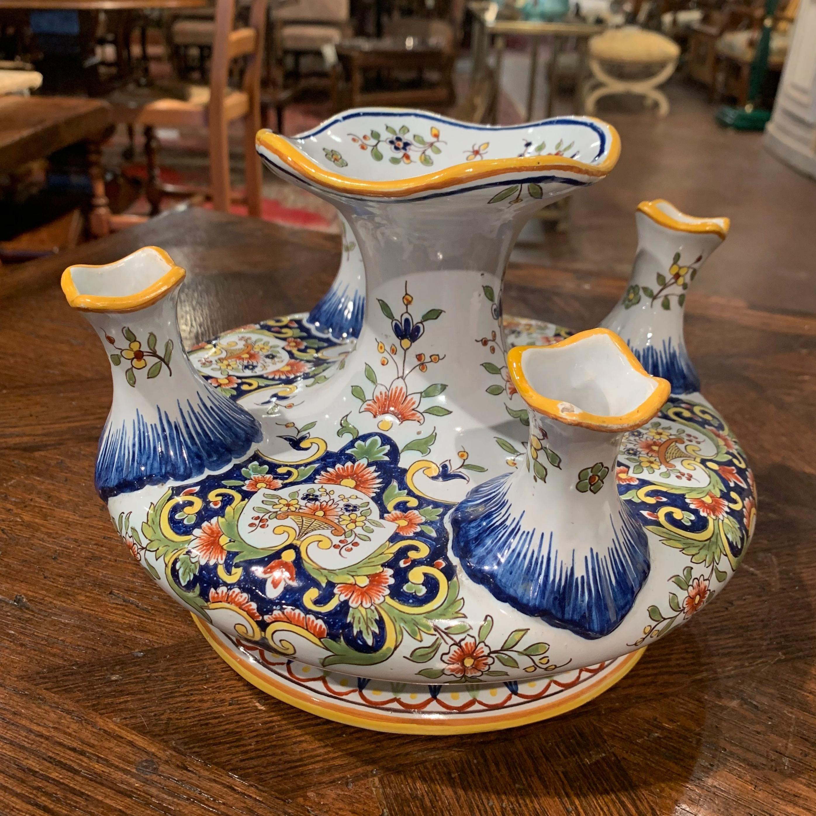 Place this interesting antique ceramic vase on a shelf or entry commode, crafted in Normandy, France, circa 1900, the Classic planter is round in shape with scalloped rims, and features five entrances for flowers including a larger one in the