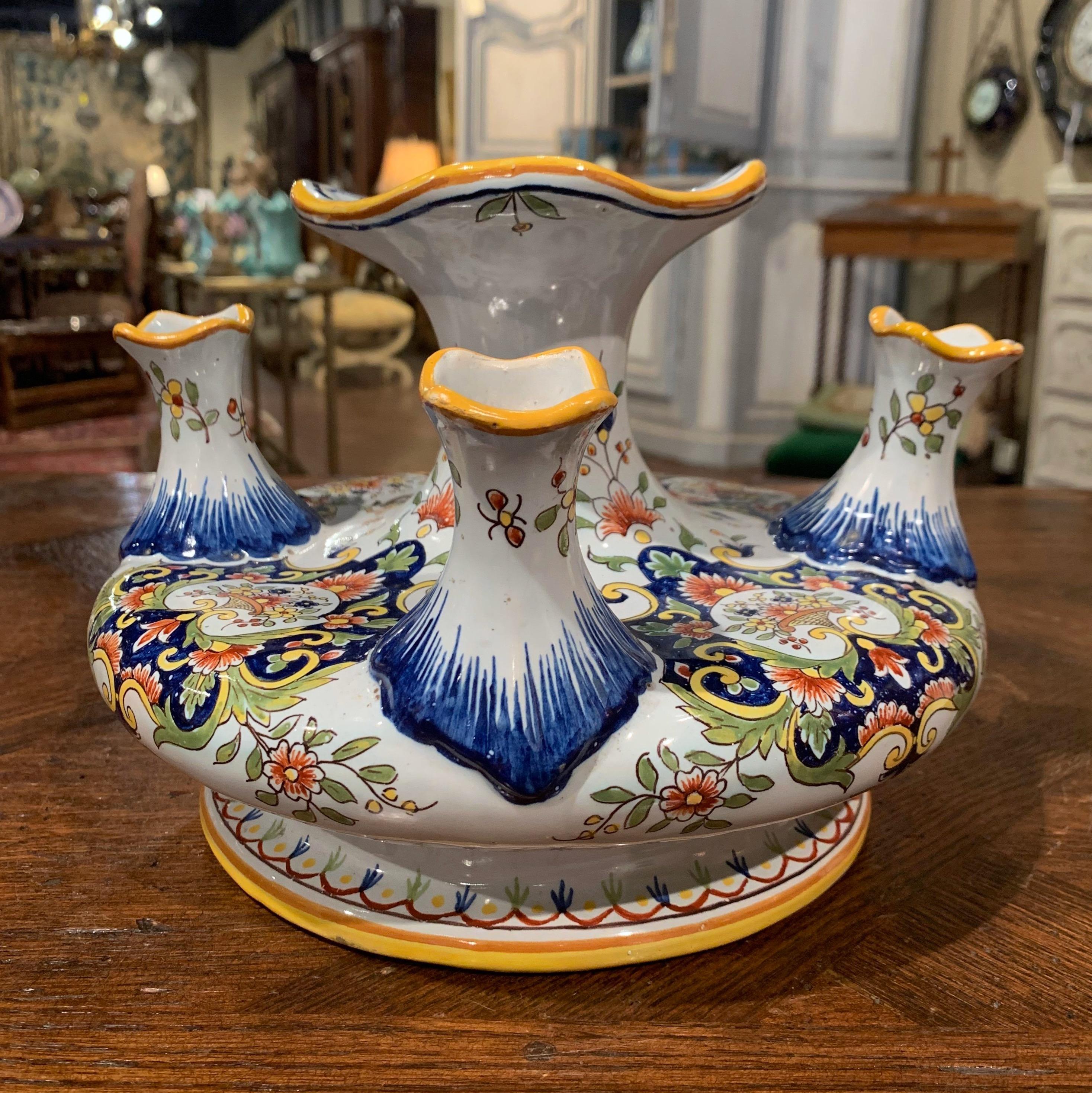 Hand-Crafted Early 20th Century French Hand Painted Faience Bouquetiere from Rouen For Sale
