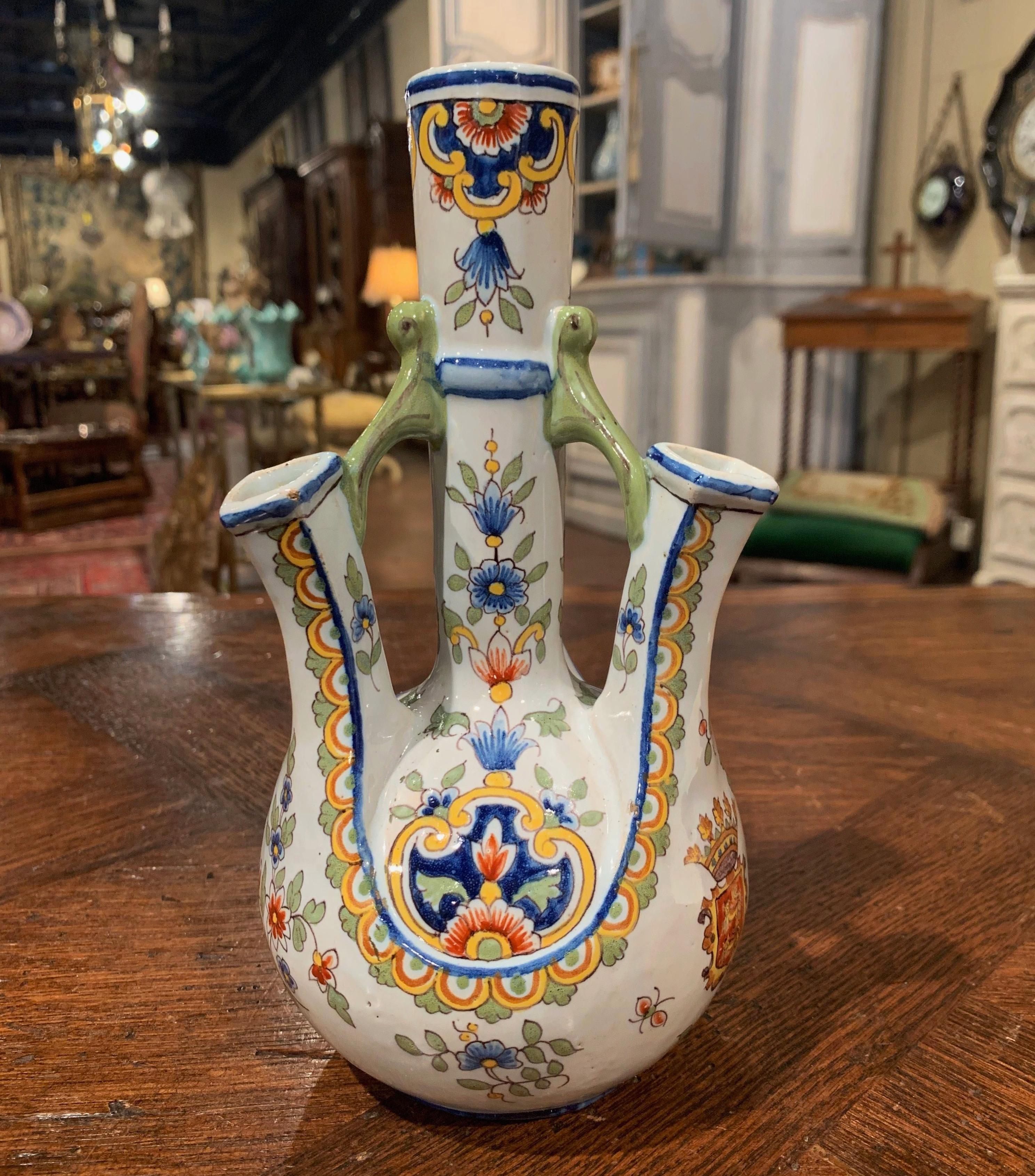 Hand-Crafted Early 20th Century French Hand Painted Faience Bouquetiere from Rouen For Sale