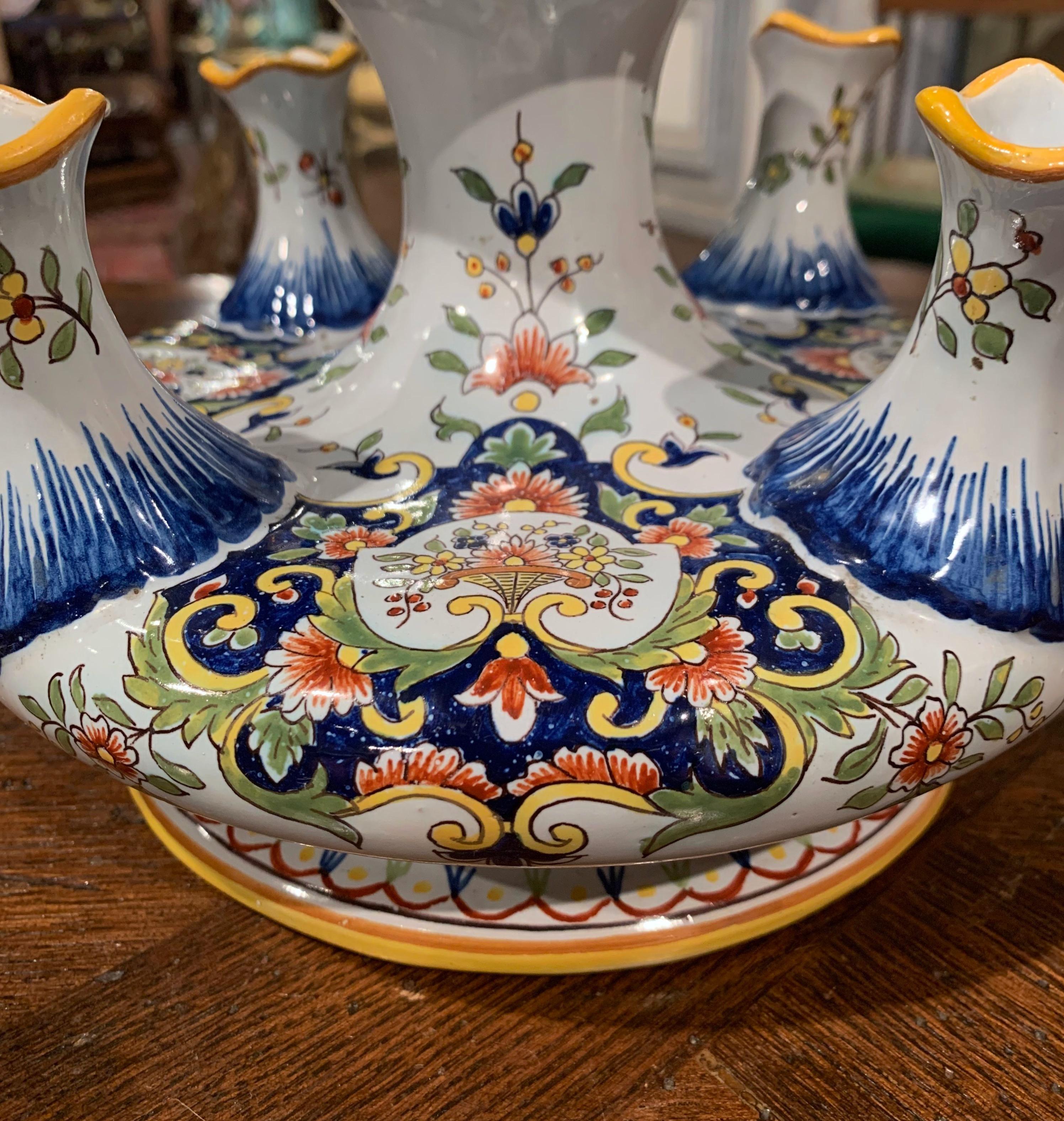 Ceramic Early 20th Century French Hand Painted Faience Bouquetiere from Rouen For Sale