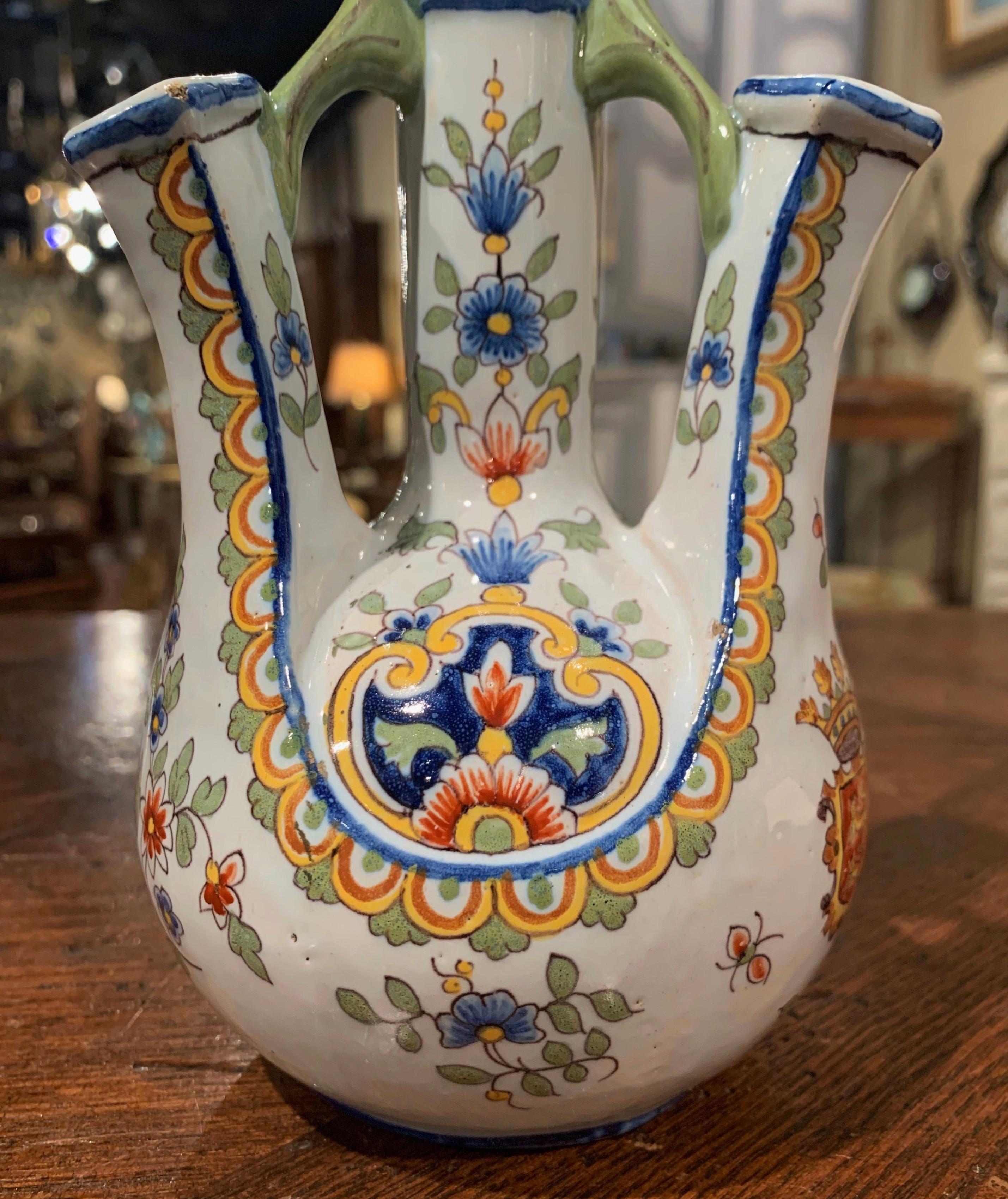 Ceramic Early 20th Century French Hand Painted Faience Bouquetiere from Rouen For Sale