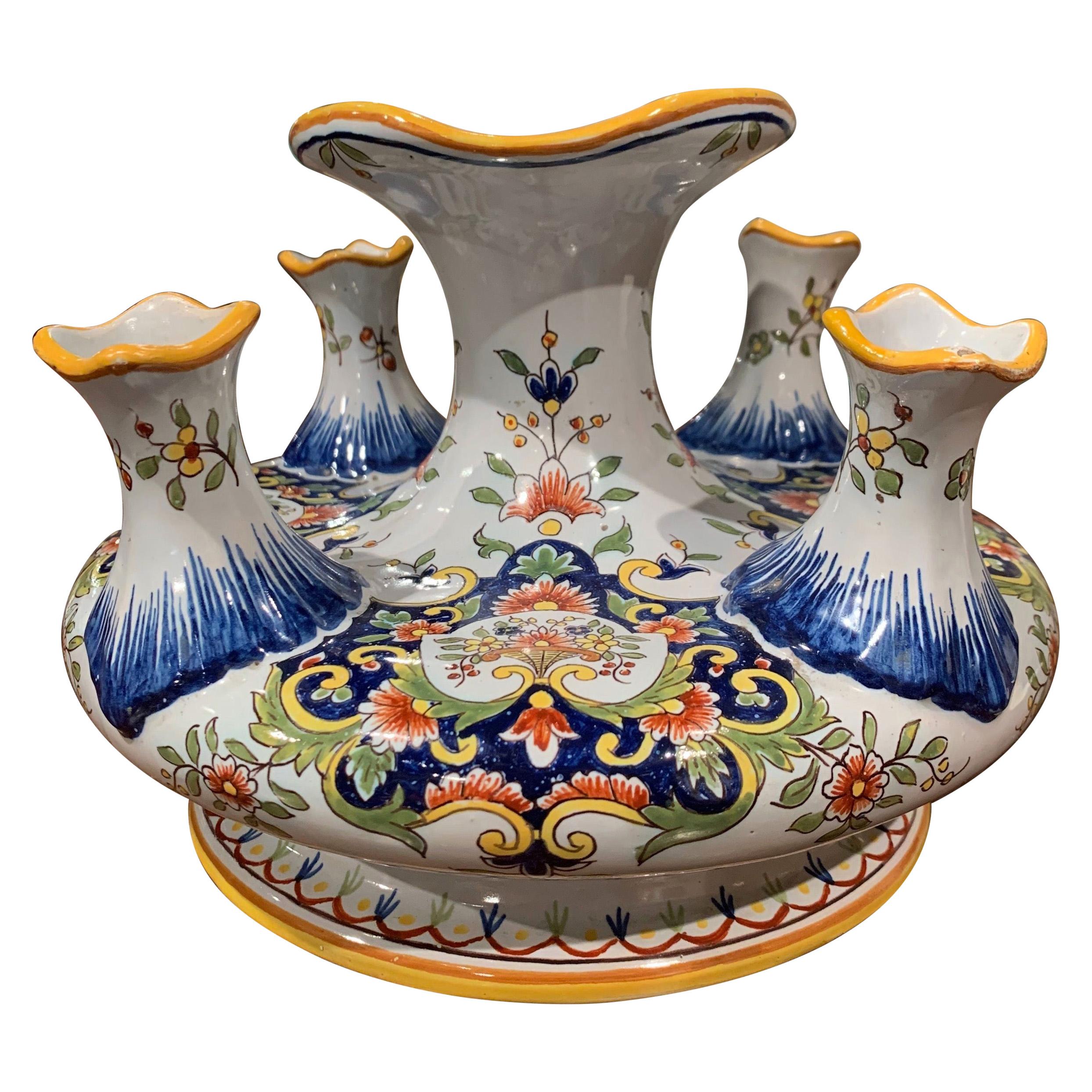 Early 20th Century French Hand Painted Faience Bouquetiere from Rouen For Sale