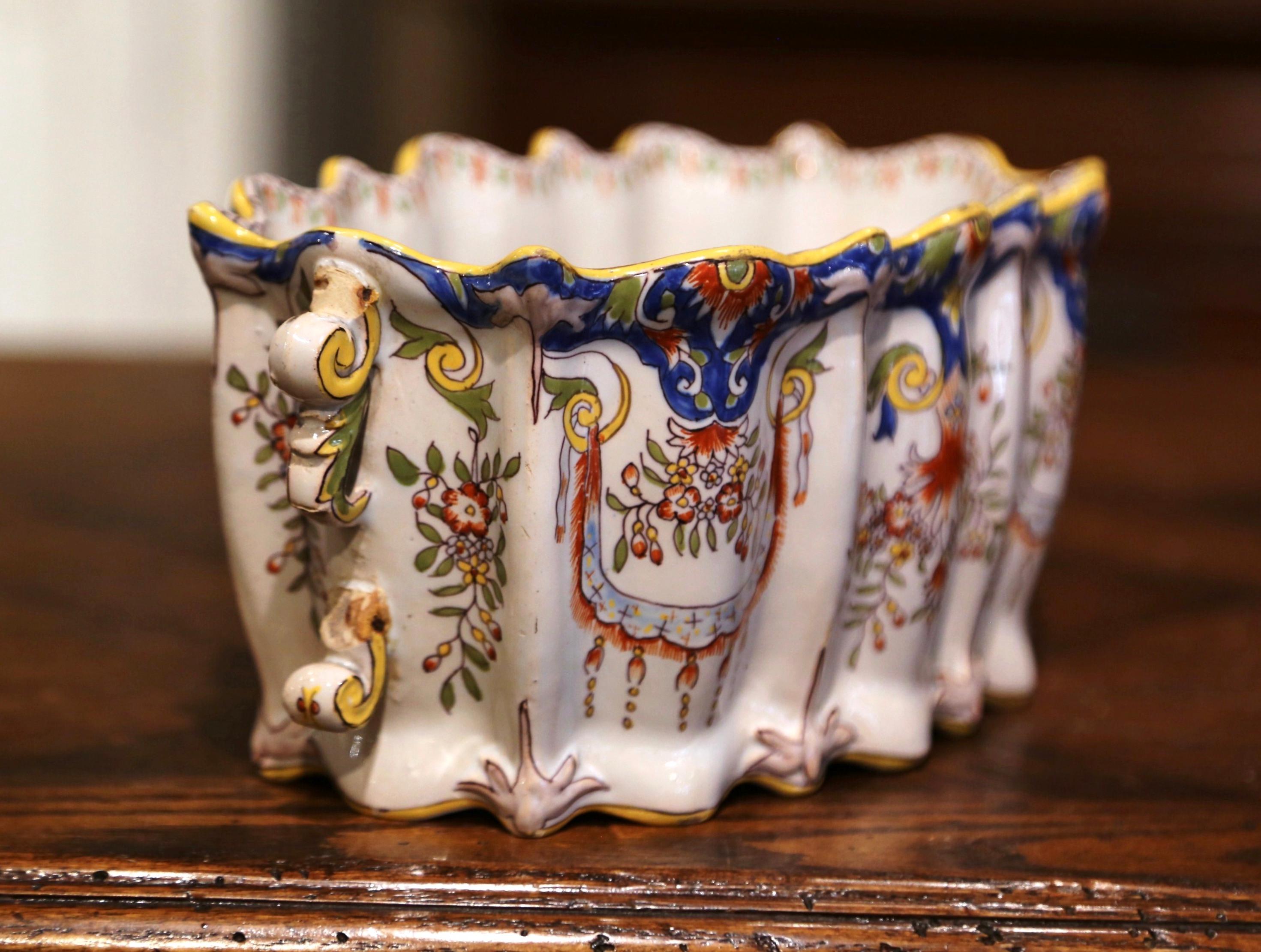 Hand-Crafted Early 20th Century French Hand-Painted Faience Cache Pot from Rouen