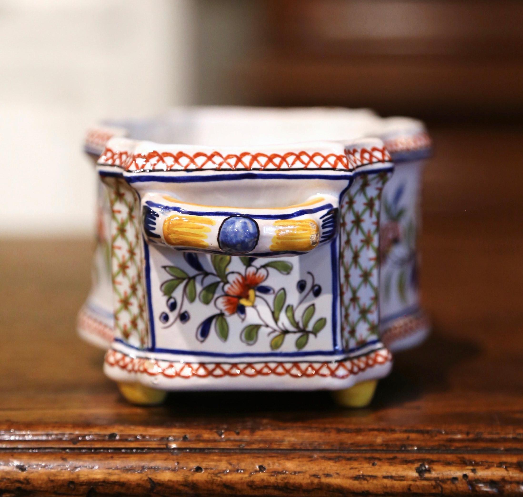 Hand-Crafted Early 20th Century French Hand-Painted Faience Cache Pot from Rouen For Sale