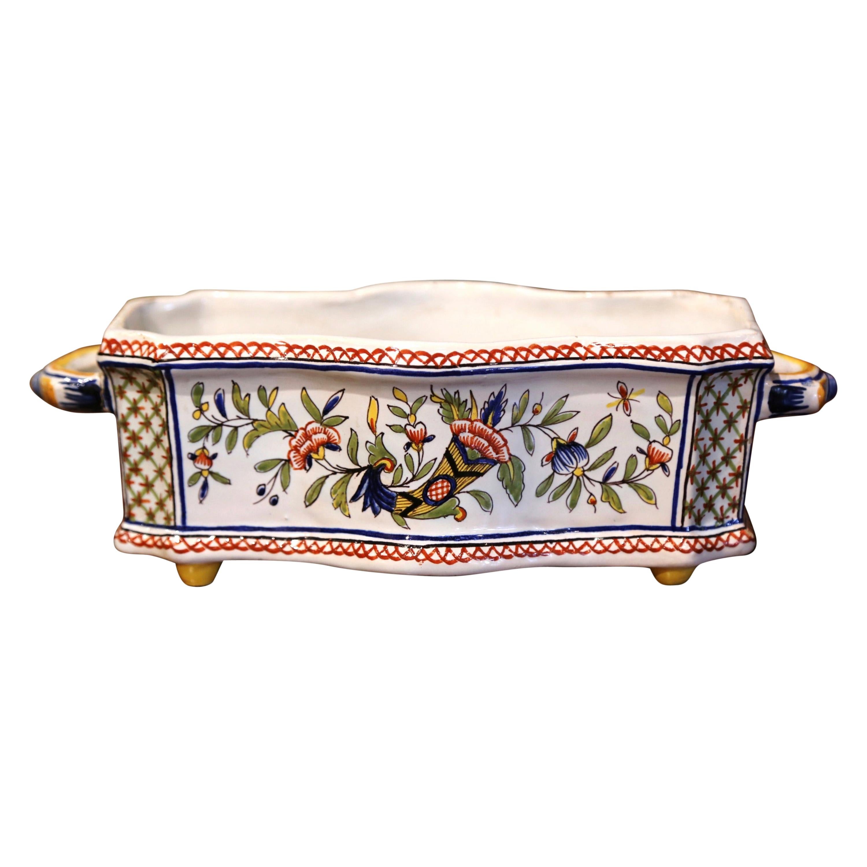 Early 20th Century French Hand-Painted Faience Cache Pot from Rouen For Sale
