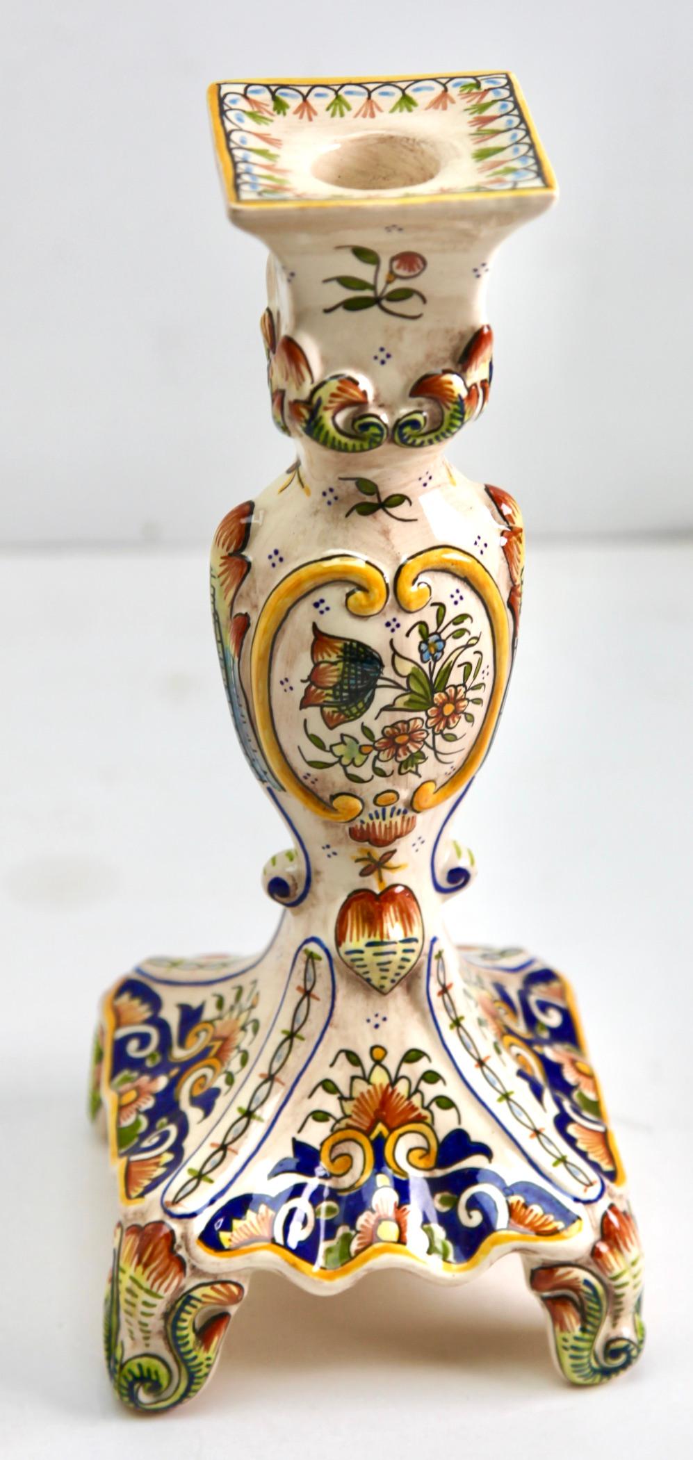Hand-Crafted Early 20th Century French Hand-Painted Faience Candlestick from Rouen For Sale