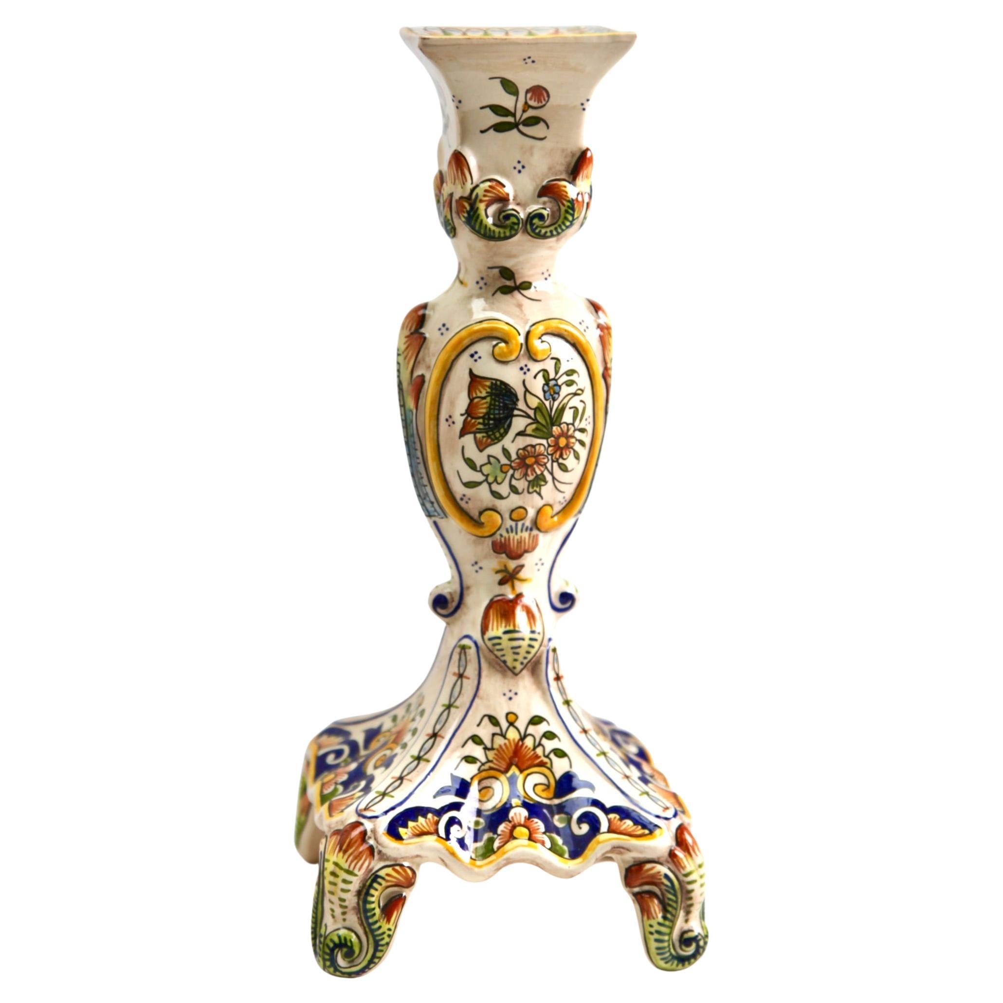 Early 20th Century French Hand-Painted Faience Candlestick from Rouen For Sale