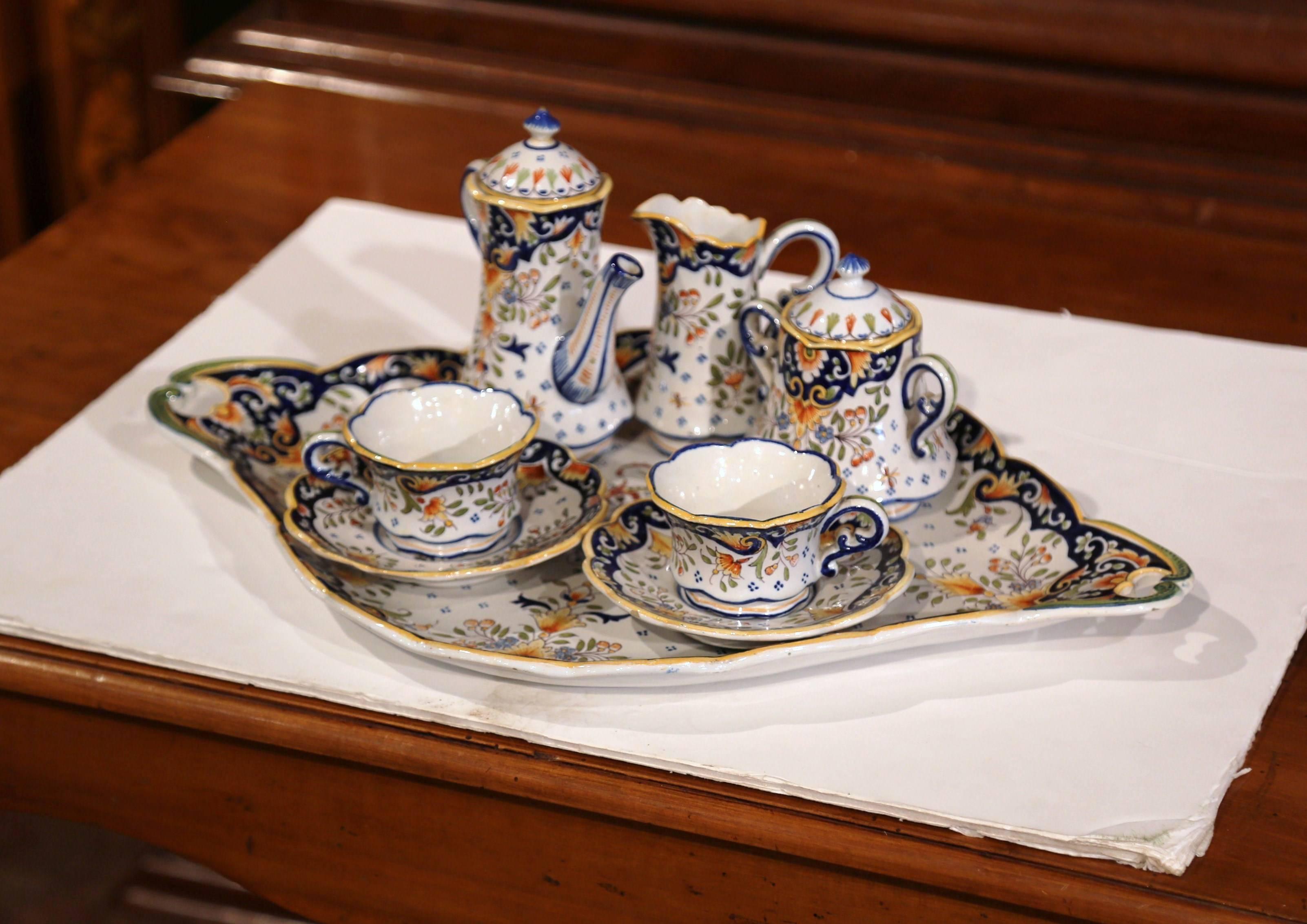Hand-Painted Early 20th Century French Hand Painted Faience Coffee Set from Blois For Sale